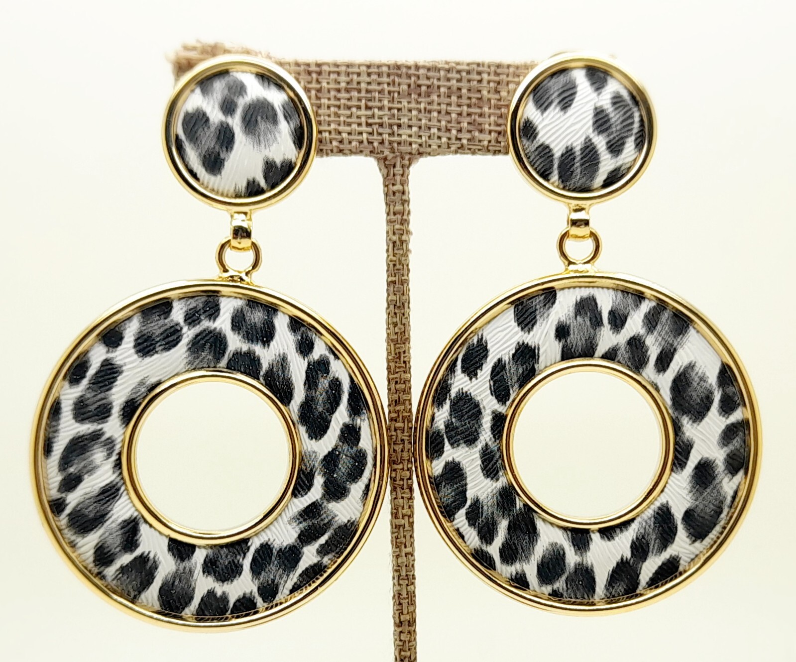 Vintage chunky Leather white & black Earrings Animal Print Leather Clip Earrings