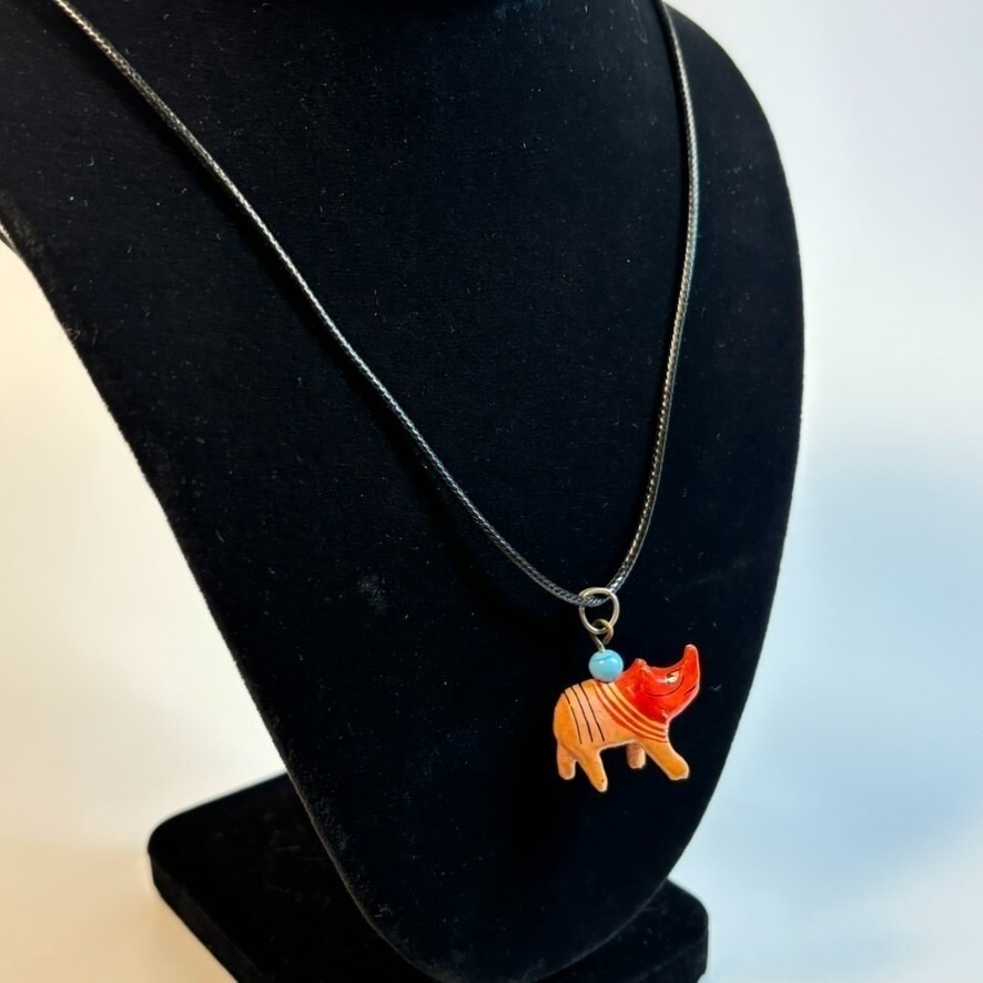 Vintage Pendant Necklace Jewelry Boho 2000s Cord Retro Wooden Carved Y2K