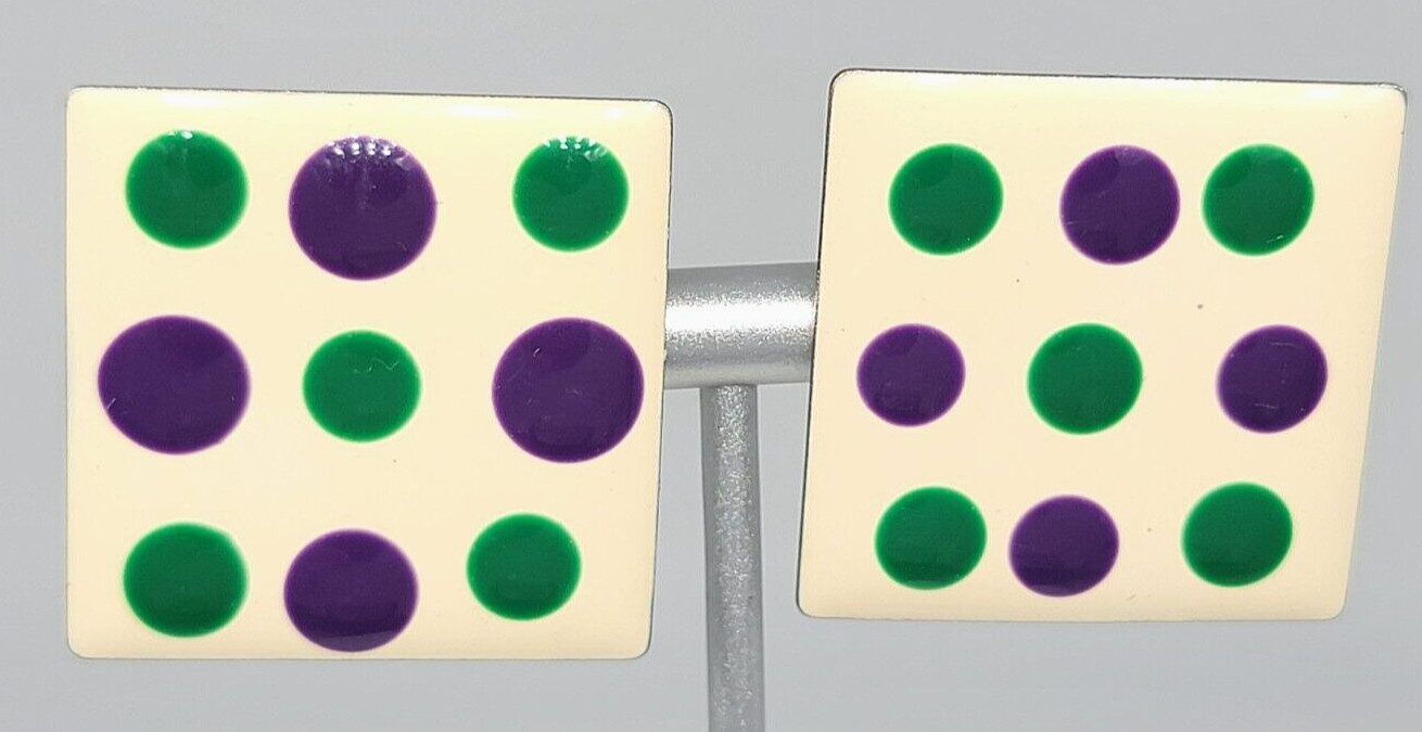 Polka Dot Earrings Purple Green White Enamel Mod Silver Tone Pierced Vintage