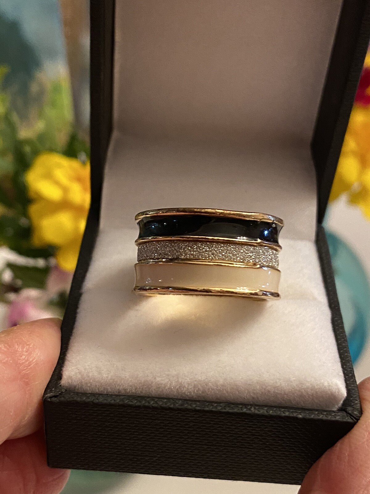 Vintage Enamel Paved Crystal Wide Band Ring
