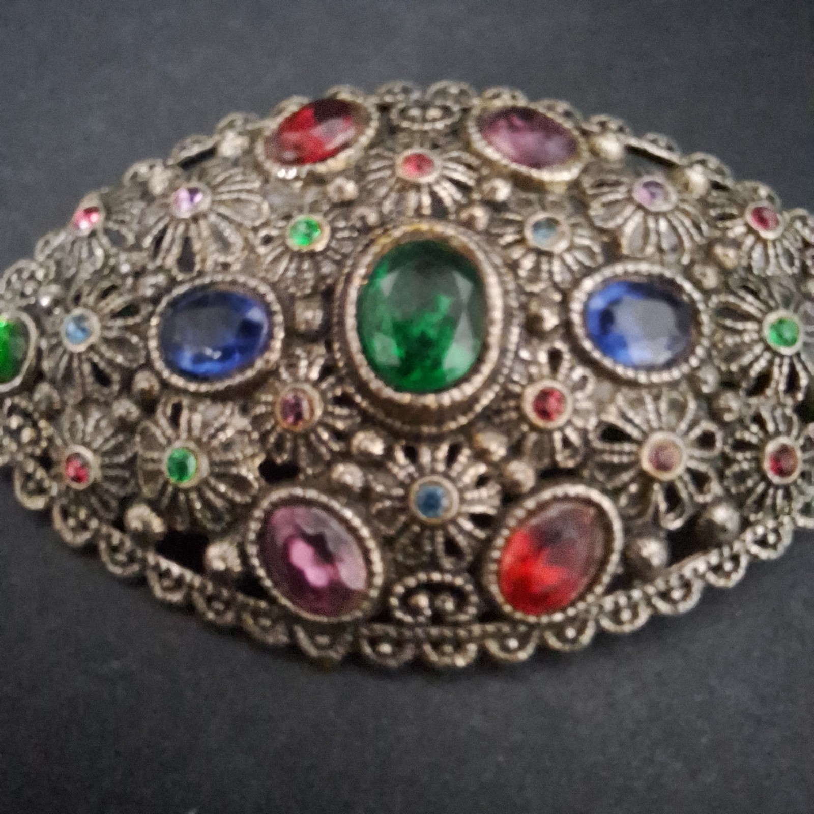 New England Glass Works Brooch Silver Tone Floral Filigree Czech Rhinestones VTG