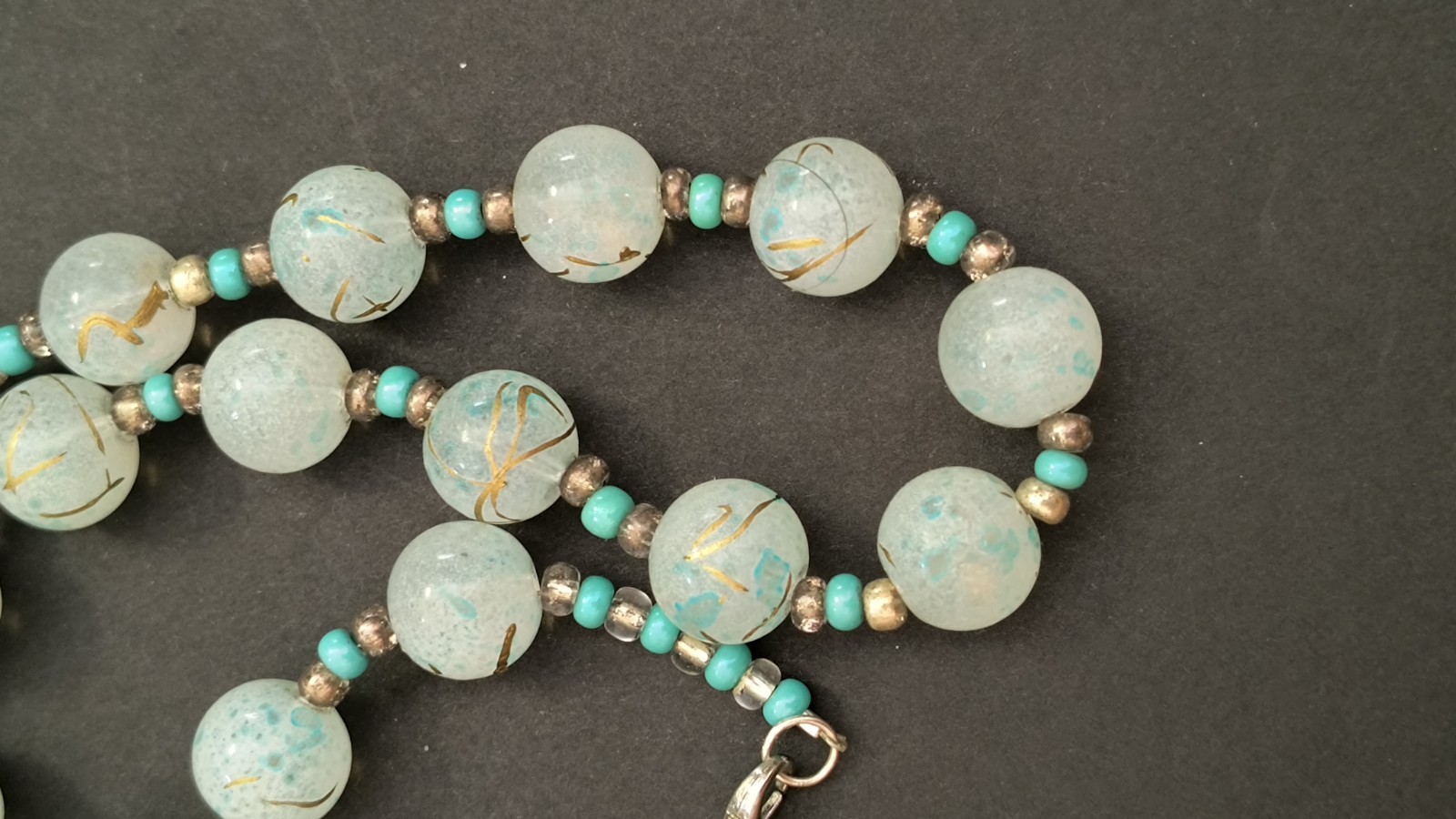 VTG Turquoise & Hand painted Glass Beads / 18″ Necklace, 1900s Venetian Murano