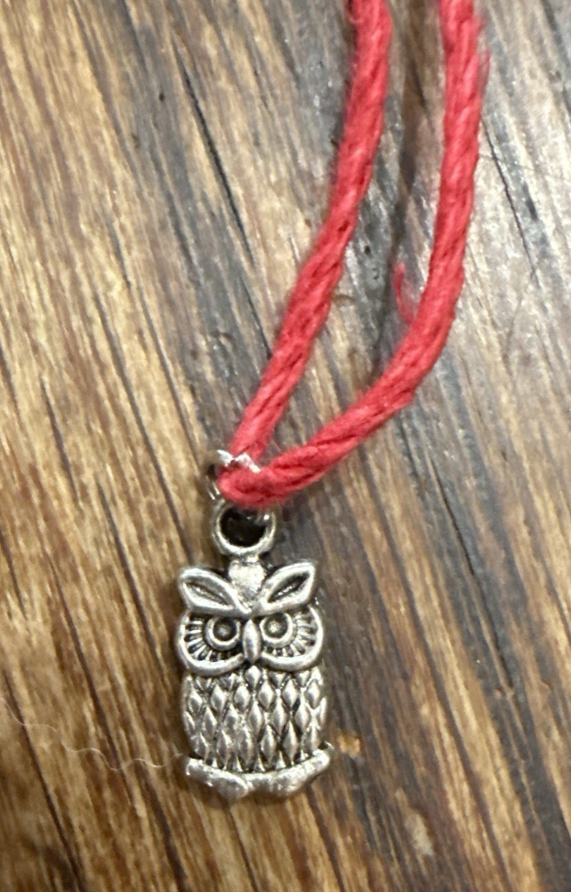 tiny OWL CHARM Dainty Necklace Hemp Cord Boho Festival Tibetan Silver Tone GIFT