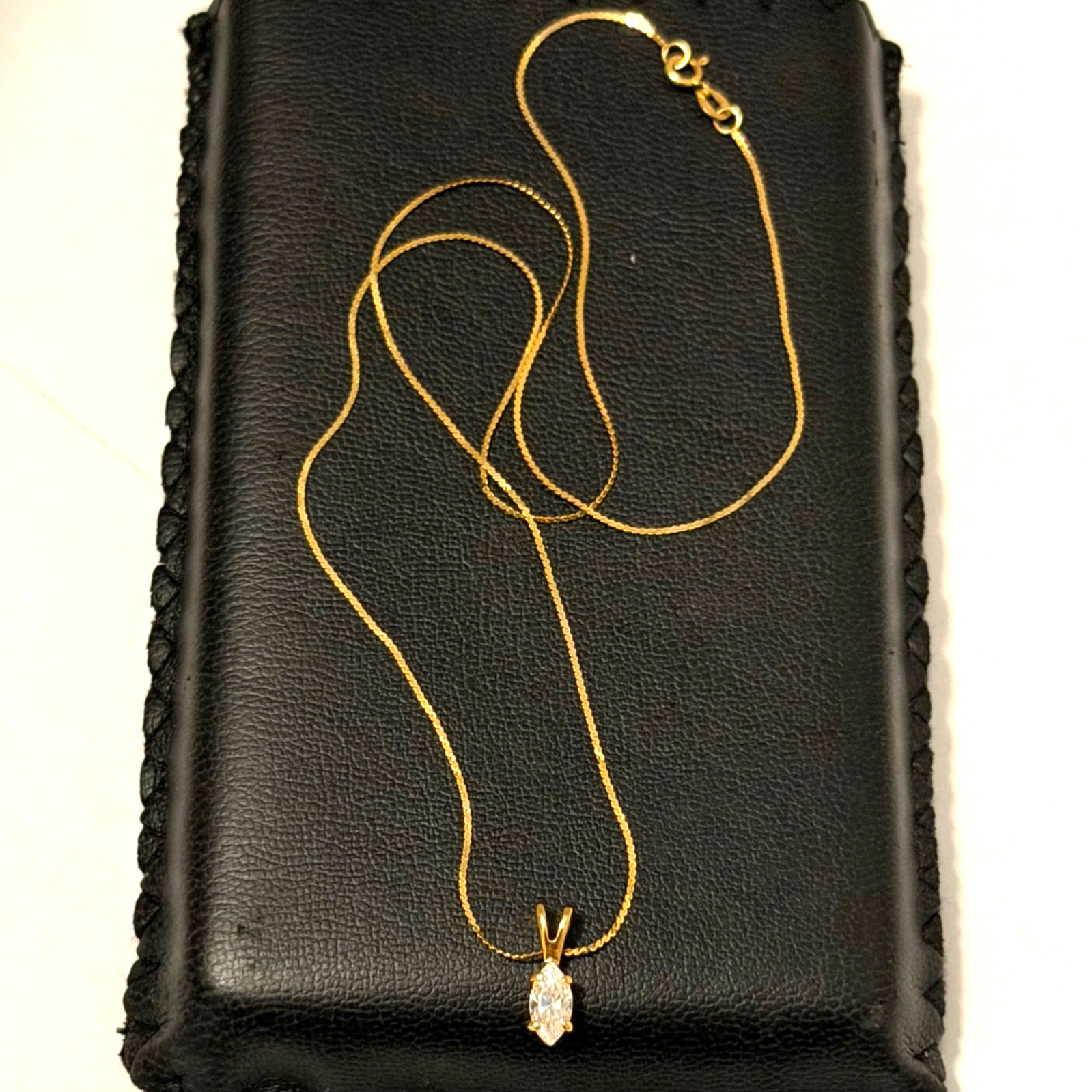 Vintage 14KT Gold Chain Genuine CZ Marquise Pendant Necklace Box Orig CZ Papers!