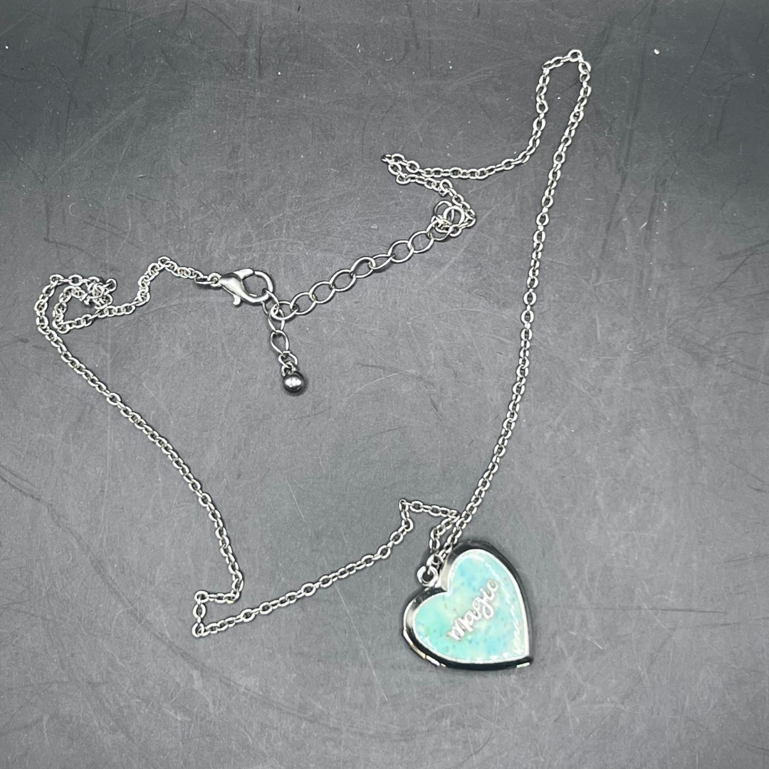 Vintage Locket Pendant Necklace Silver Chain Blue Heart Shape Magic Boho Fashion