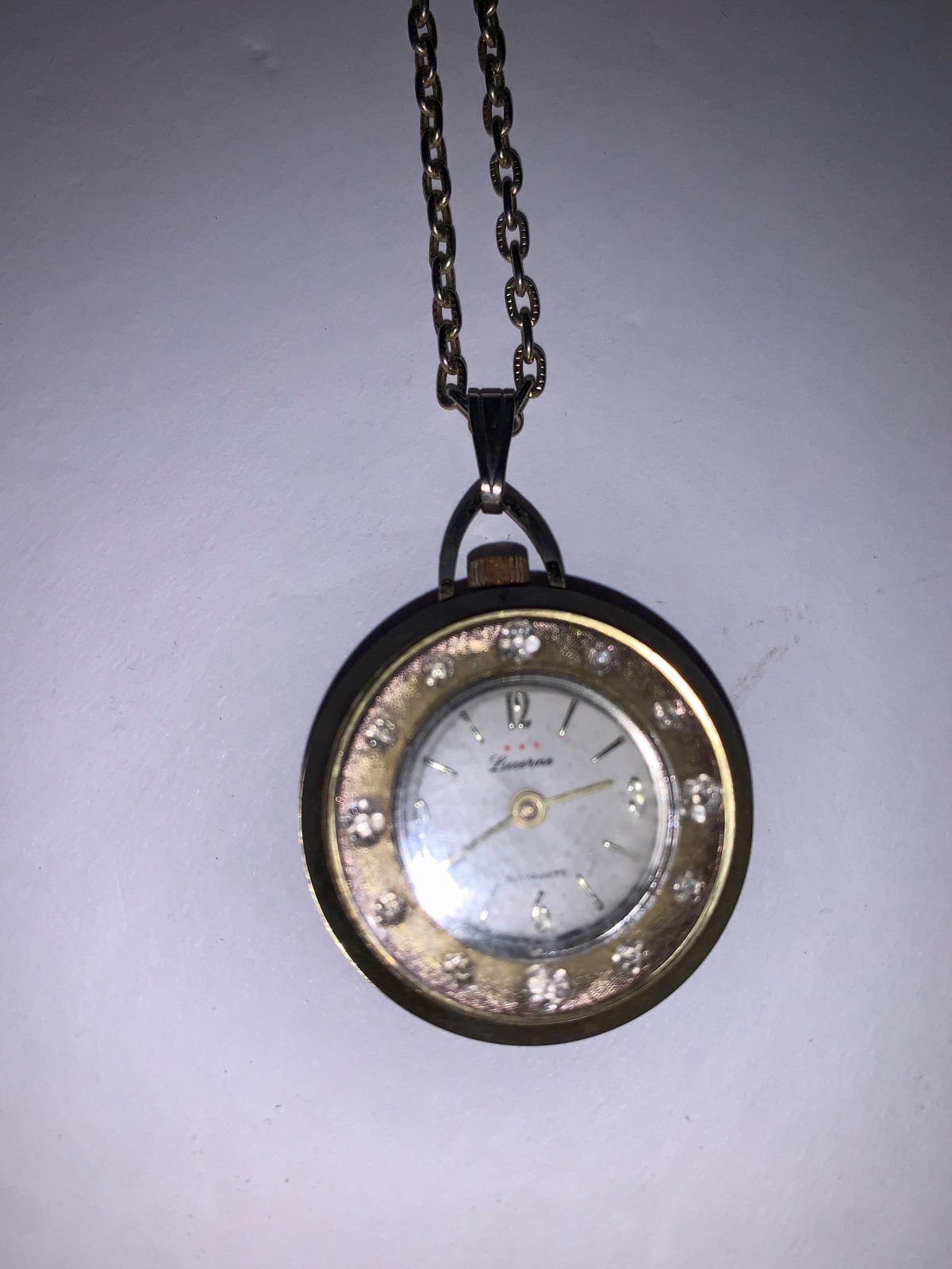Vintage Lucerne Necklace Watch Gold Toned With Clear Rhinestone Not sure if work