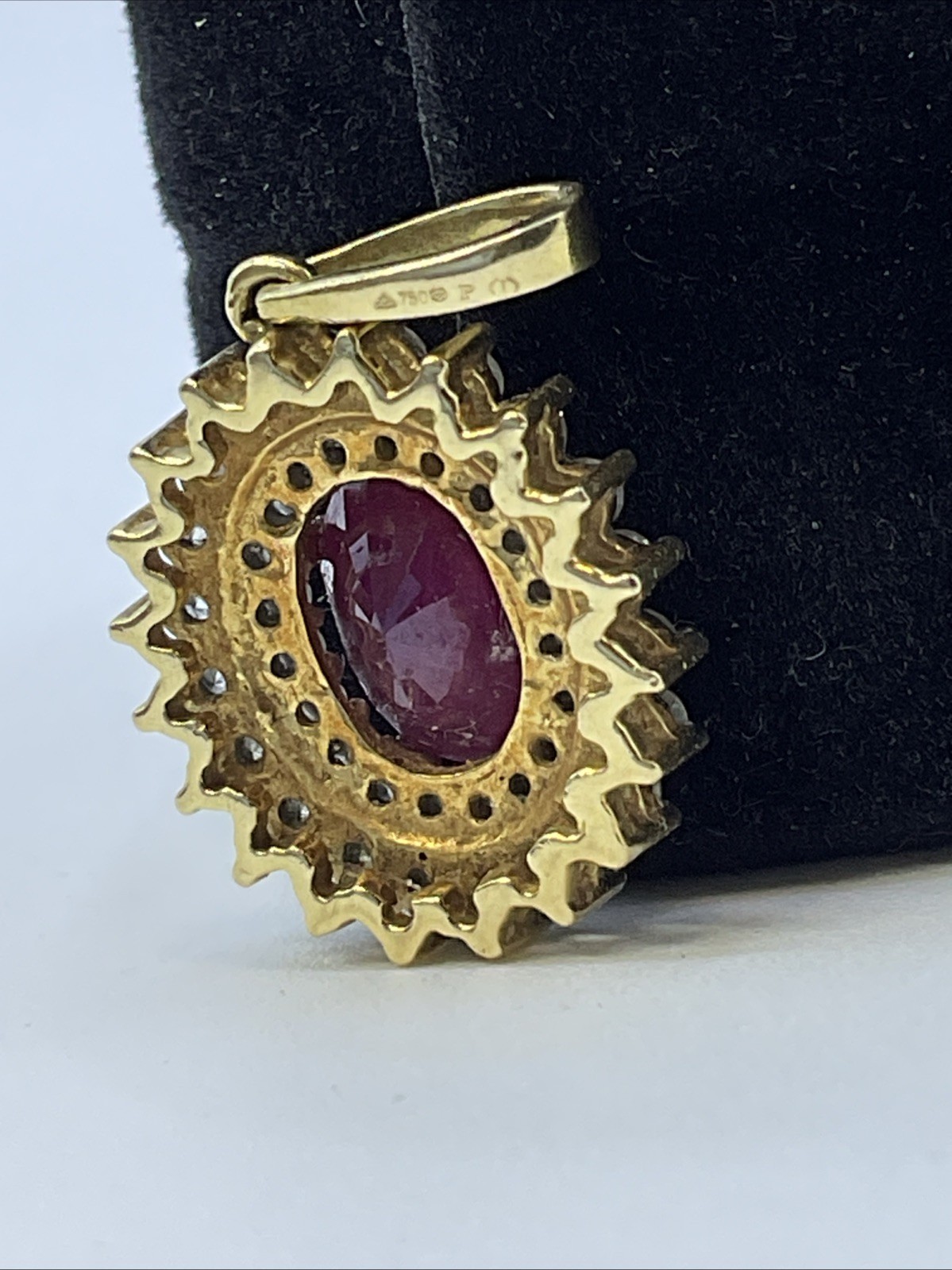 VINTAGE HANDMADE Solid 18K(750) Y.Gold Ruby & Diamonds DOUBLE HALO Style Pendant