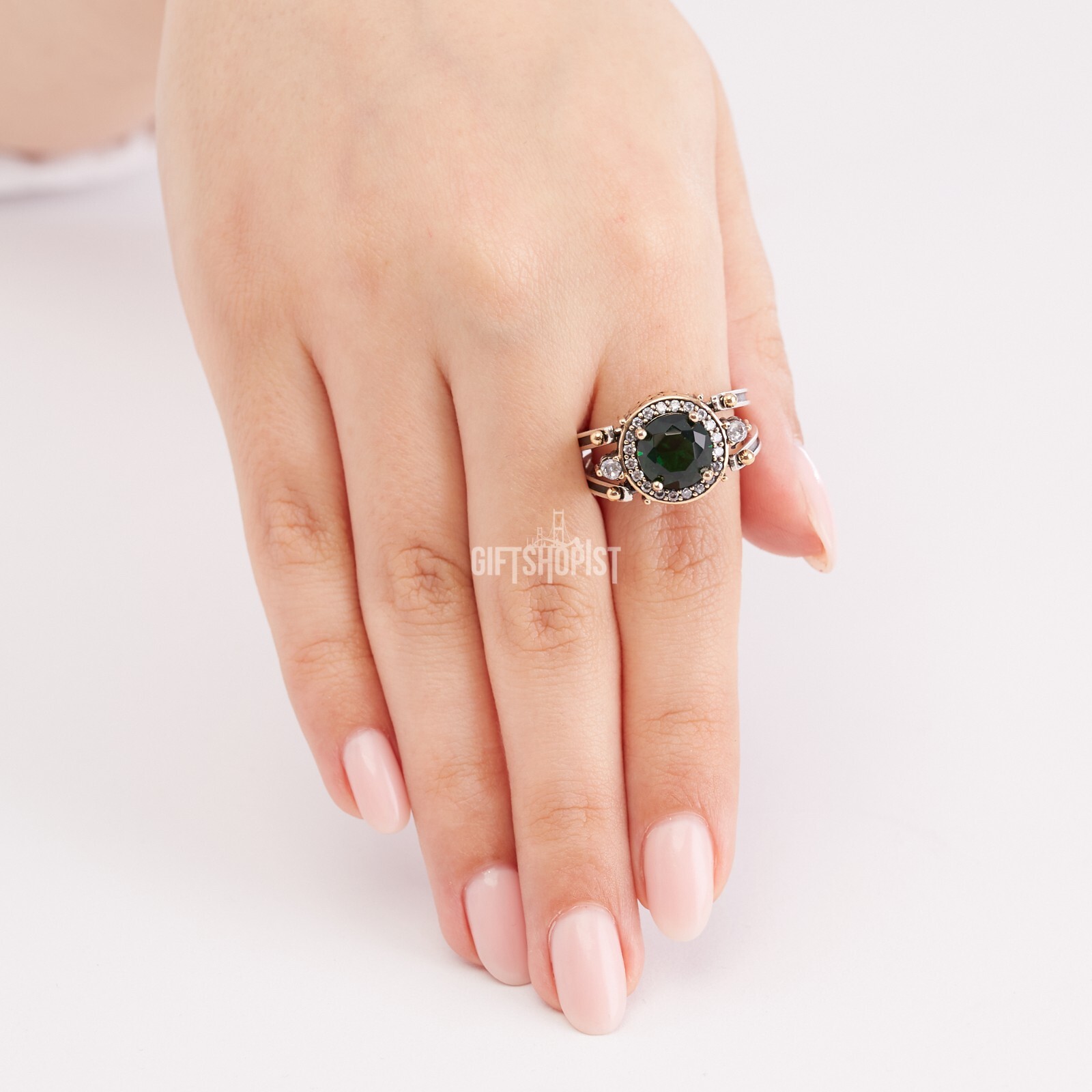 Turkish Reversible Round Emerald and Black Onyx Topaz 925 Sterling Silver Ring