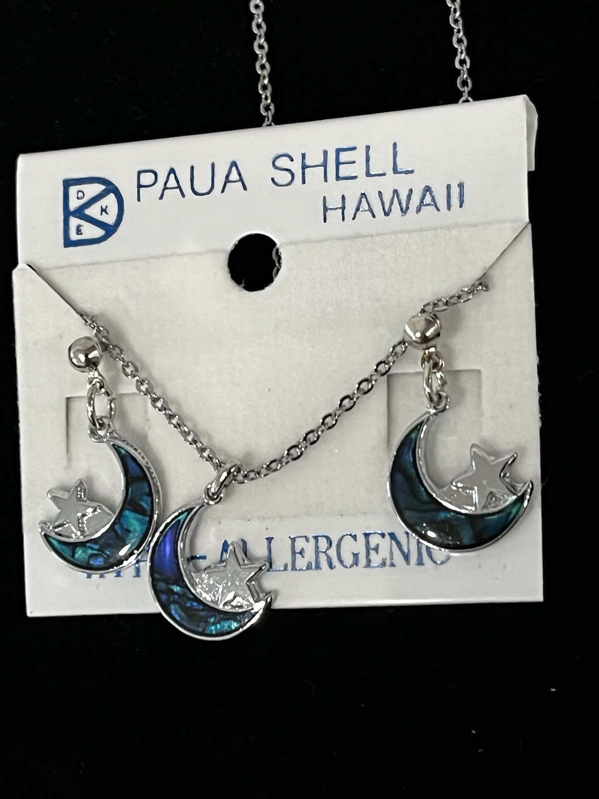 Vintage Paua Shell Hawaii Bohemian Boho Blue Moon Pendant Necklace Earring Set
