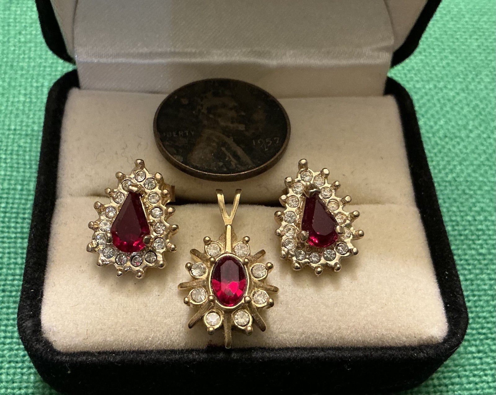 Red Stone Pendant & Earring Set Gold Tone Clear Accent Stones Vintage Estate