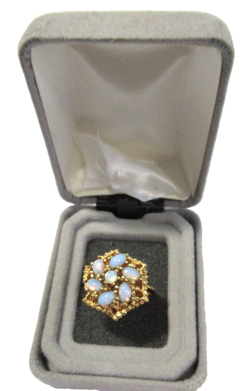 FAUX OPAL RING GOLD TONE ‘BEADED’ METAL SIZE 5.25