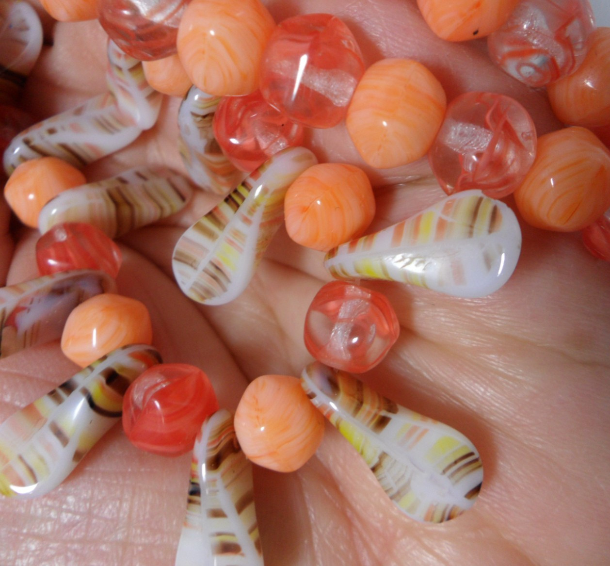 Art Glass Bead Necklace Fringe Drops Vintage Coral Orange Stripes Granny Core