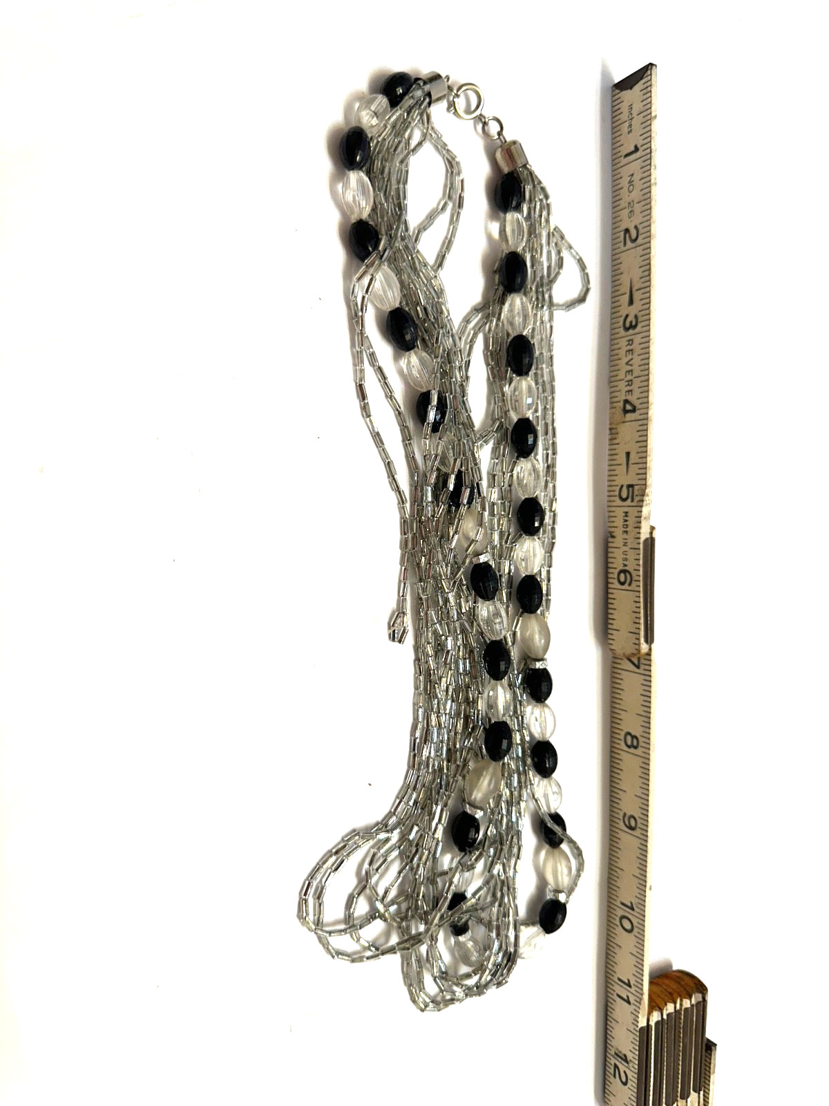 Vintage Black & Clear Beaded Necklace Multi Strand Silver Tone Seed Bugle Beads