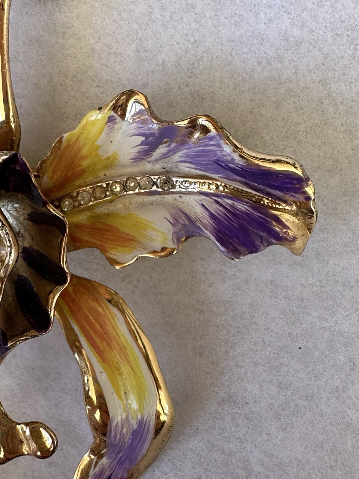 Coro Craft Vintage Pin Orchid Purple & Yellow Enamel Leaves Rhinestone Sterling