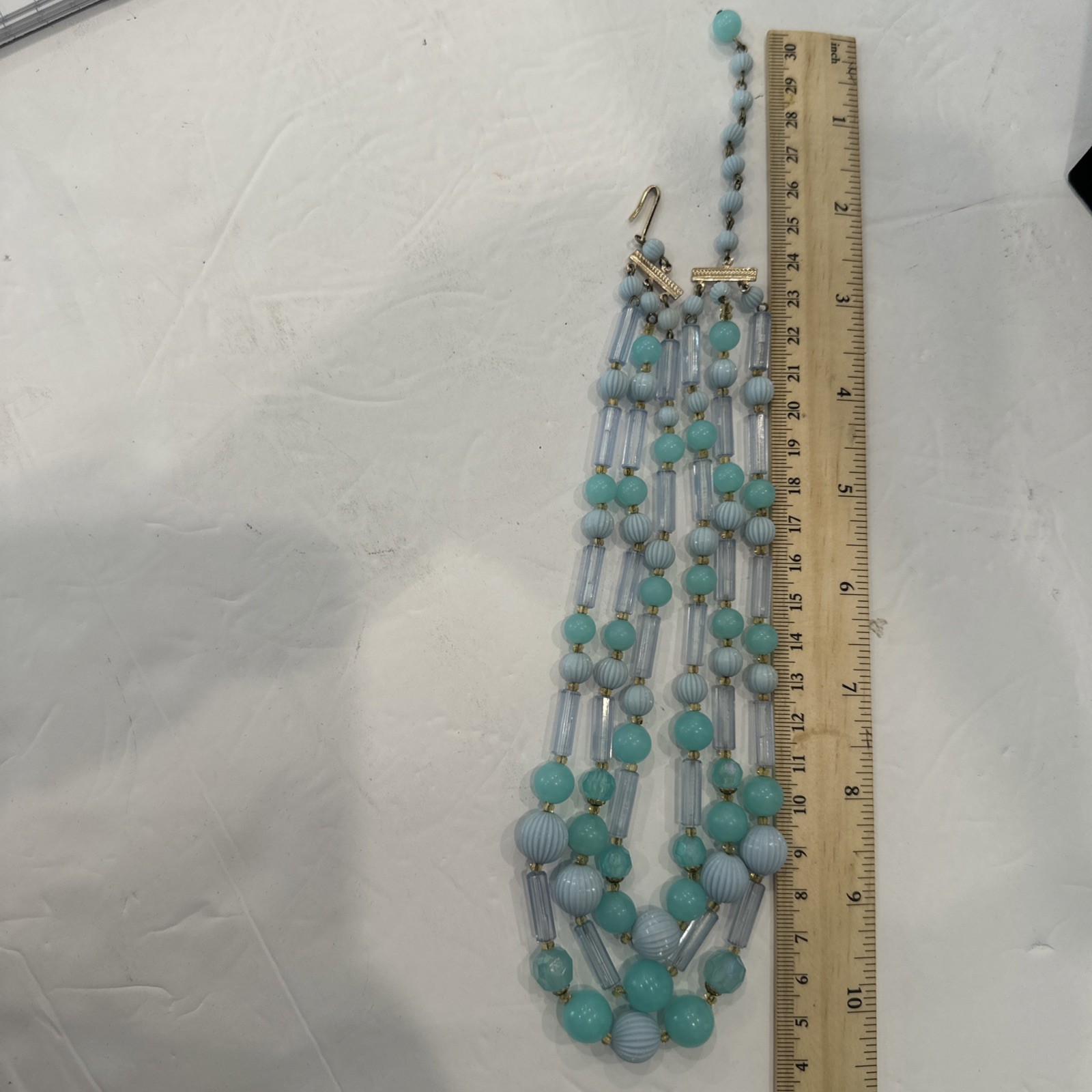 W Garnany Beaded 3 Strand necklace and Clip On Earring Set Mint Blue