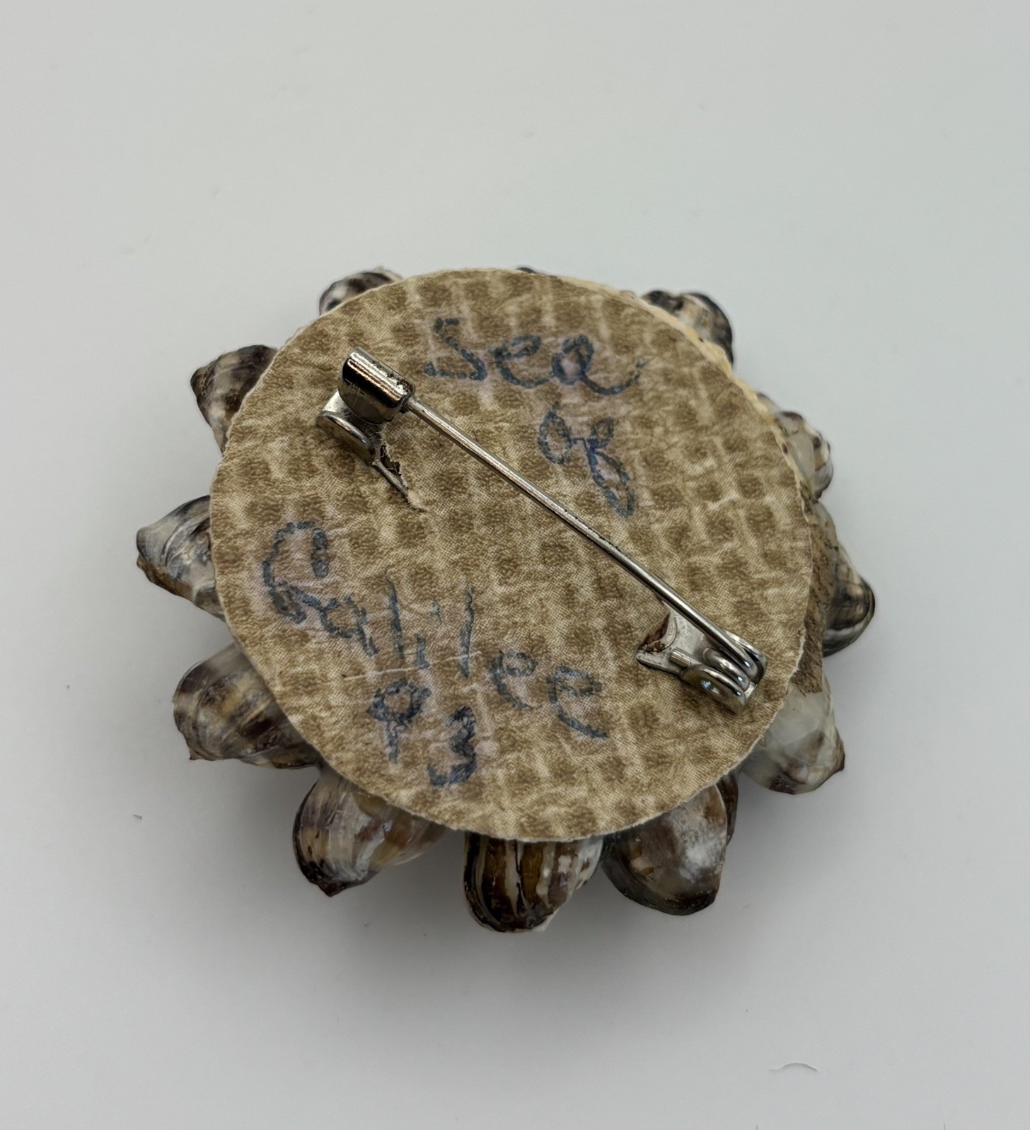 Vintage Blue & Tan Floral Cluster Sea Shell Brooch Pin Sea of Galilee 1993
