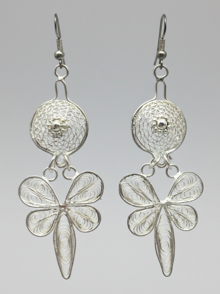 Ornate Vintage Style Silver Filigree Circle & Flower Earrings 2½” Long, Artisan