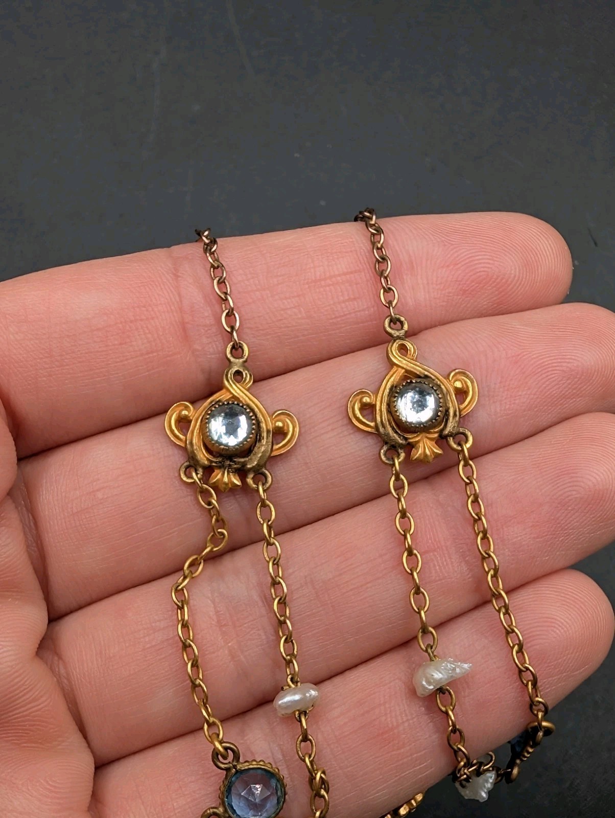 AMAZING Art Nouveau Era Festoon Blue Glass Pearl Antique Vintage Necklace 16″