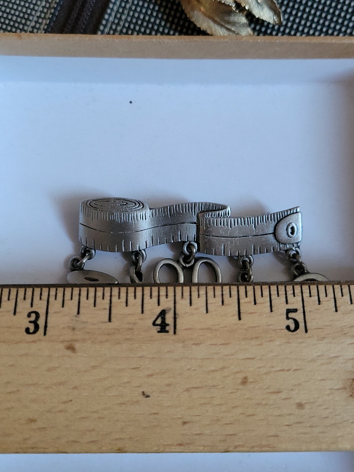 Vintage JJ Measuring Tape Brooch Pin Dangling Notions Silver Tone