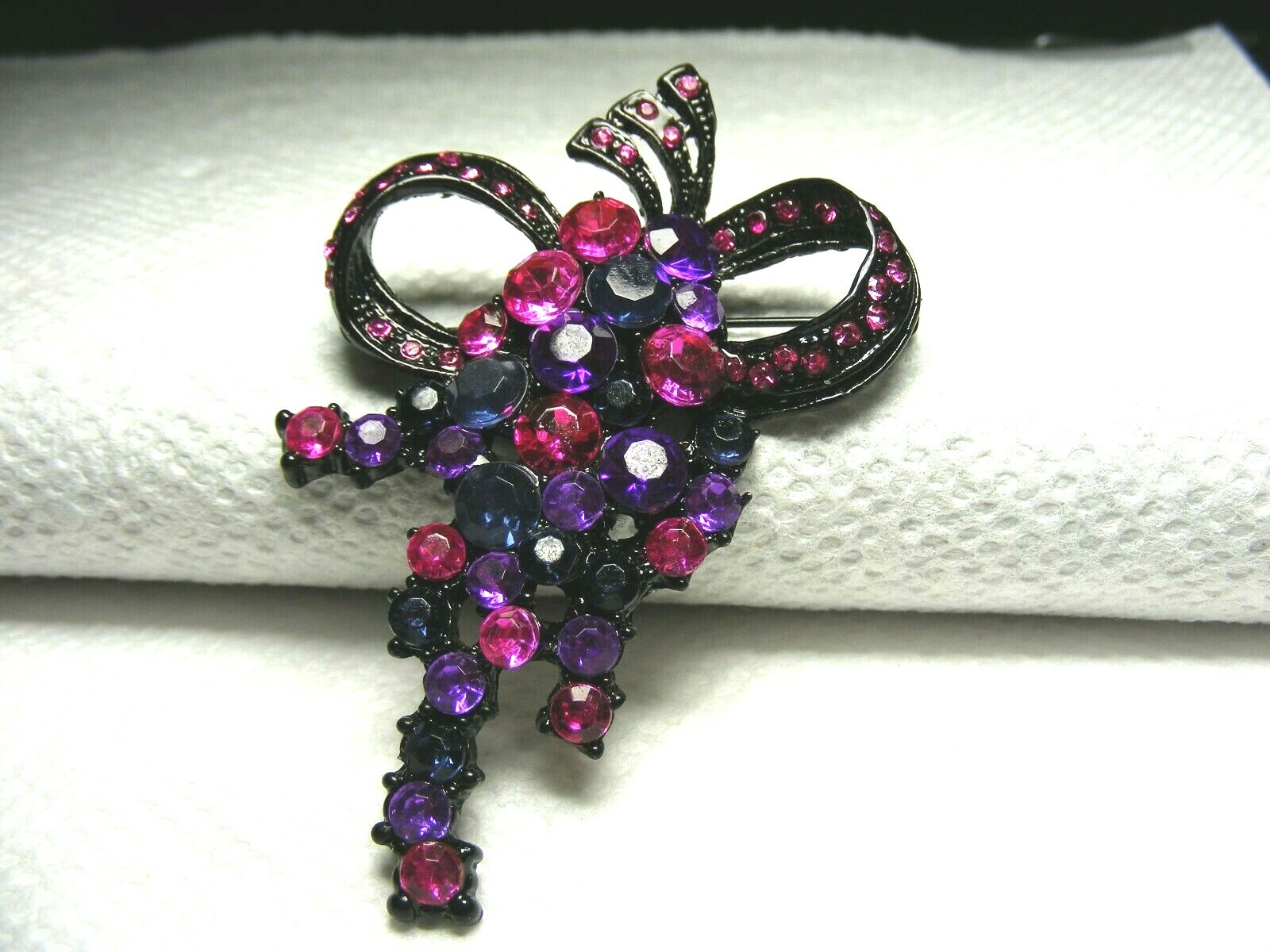Vtg. Black Metal Pink, Purple And Blue Rhinestone Brooch