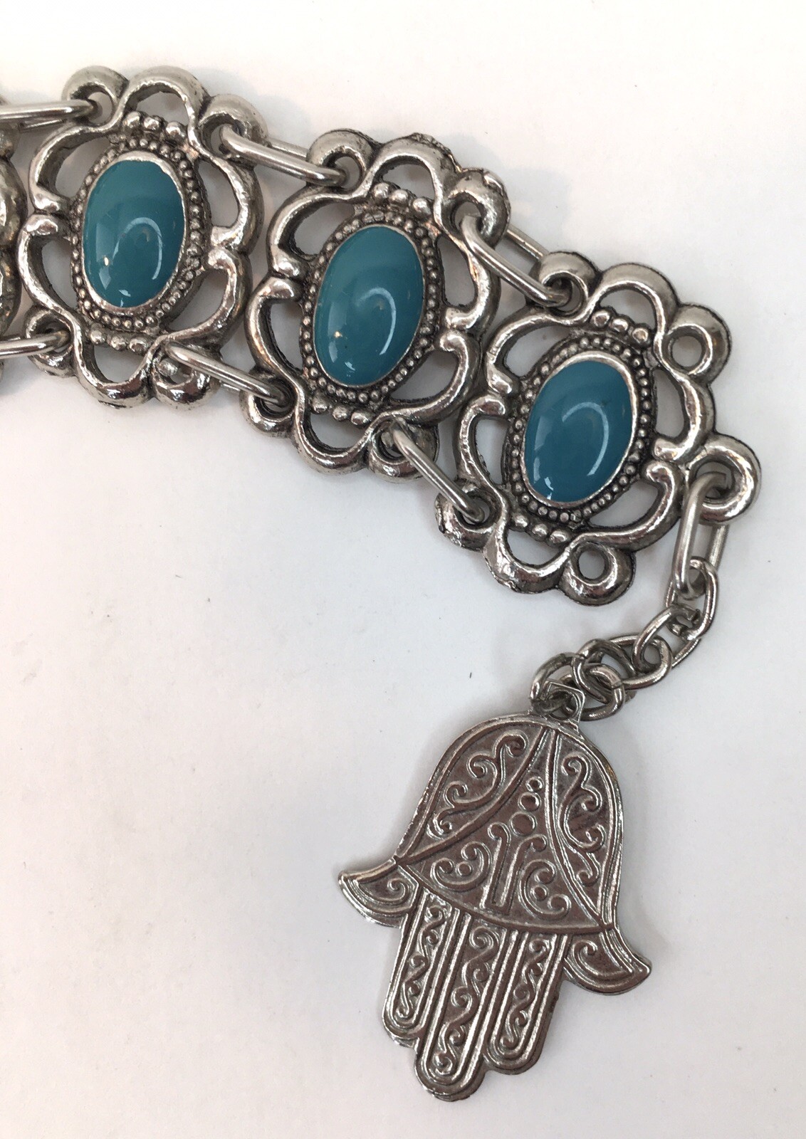 Vtg Souvenir du Maroc Moroccan Bracelet Poured Teal Enamel Hamsa Hand Charm