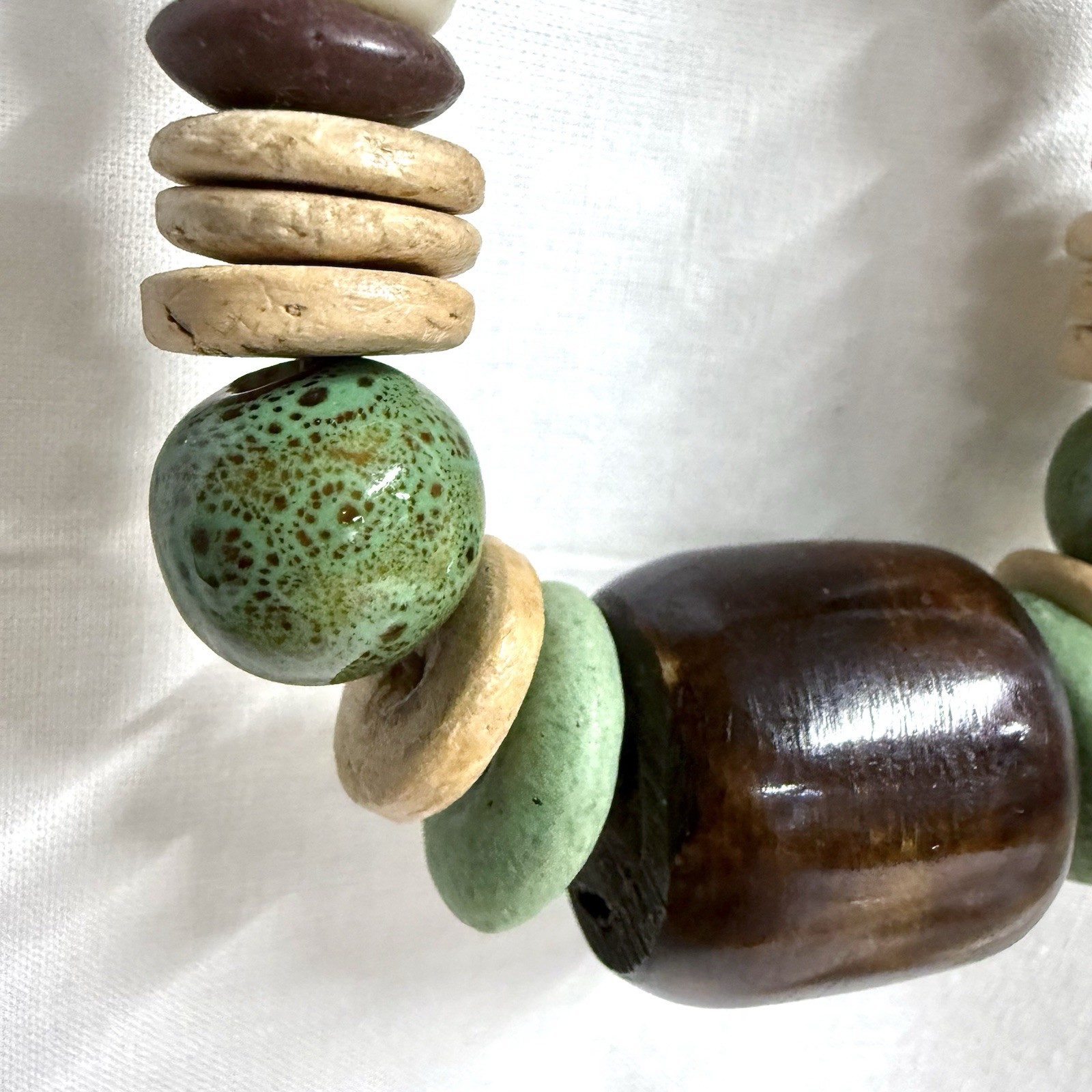 Vintage Boho Chunky Necklace Wood Ceramic Acrylic Beads on Suede Leather Cord