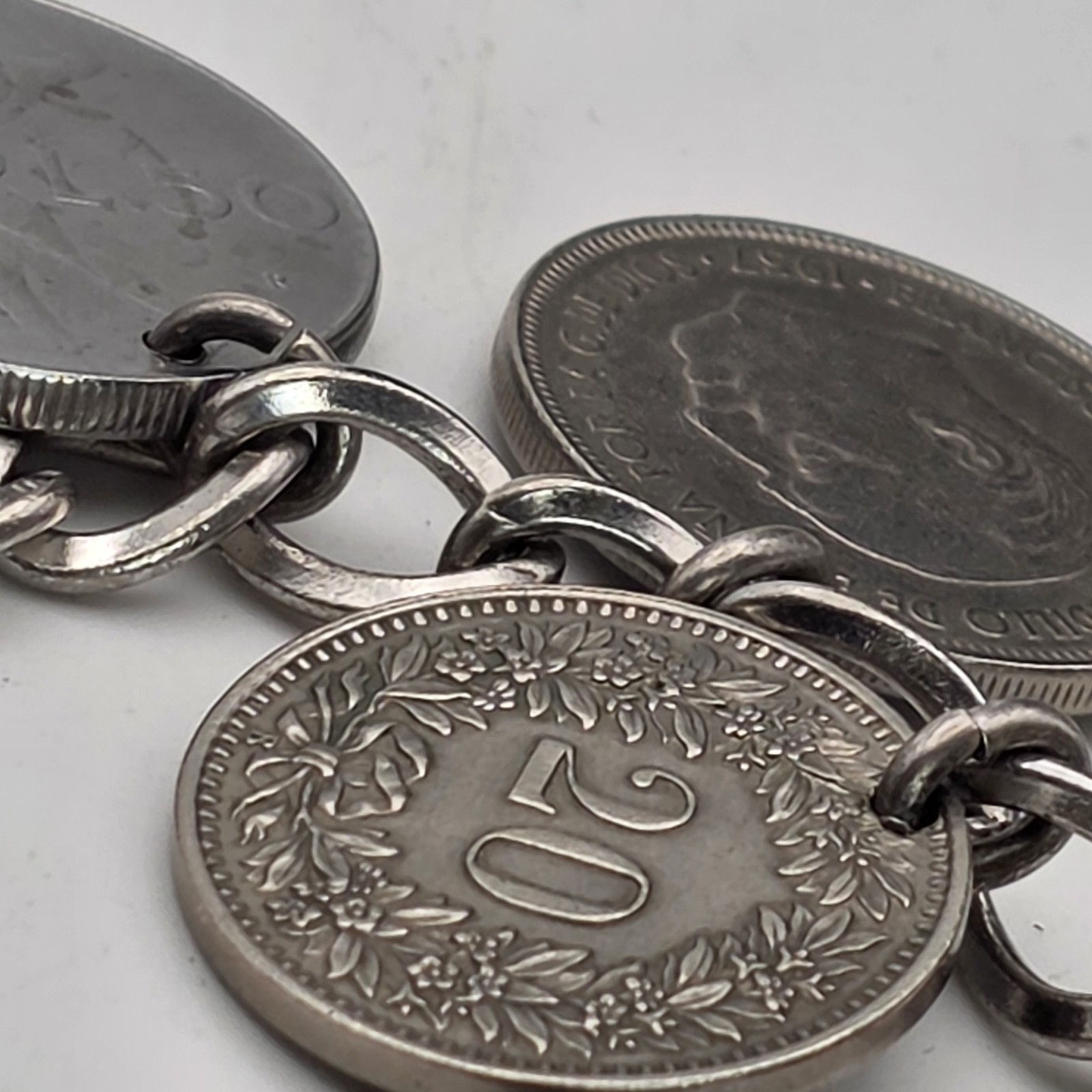 LeStage Sterling Silver Coin Charm Bracelet 58g Mid Century Estate Jewelry Euro