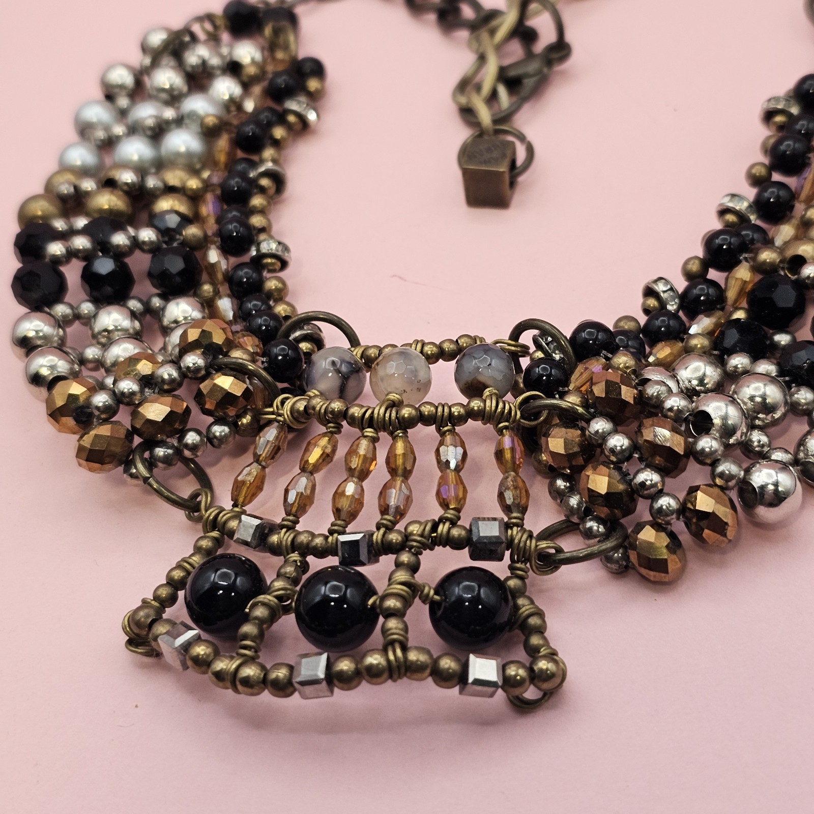 PAM HIRAN Statement Bib Necklace Mixed Bead Collar Brass Tone Chunky Boho Glam
