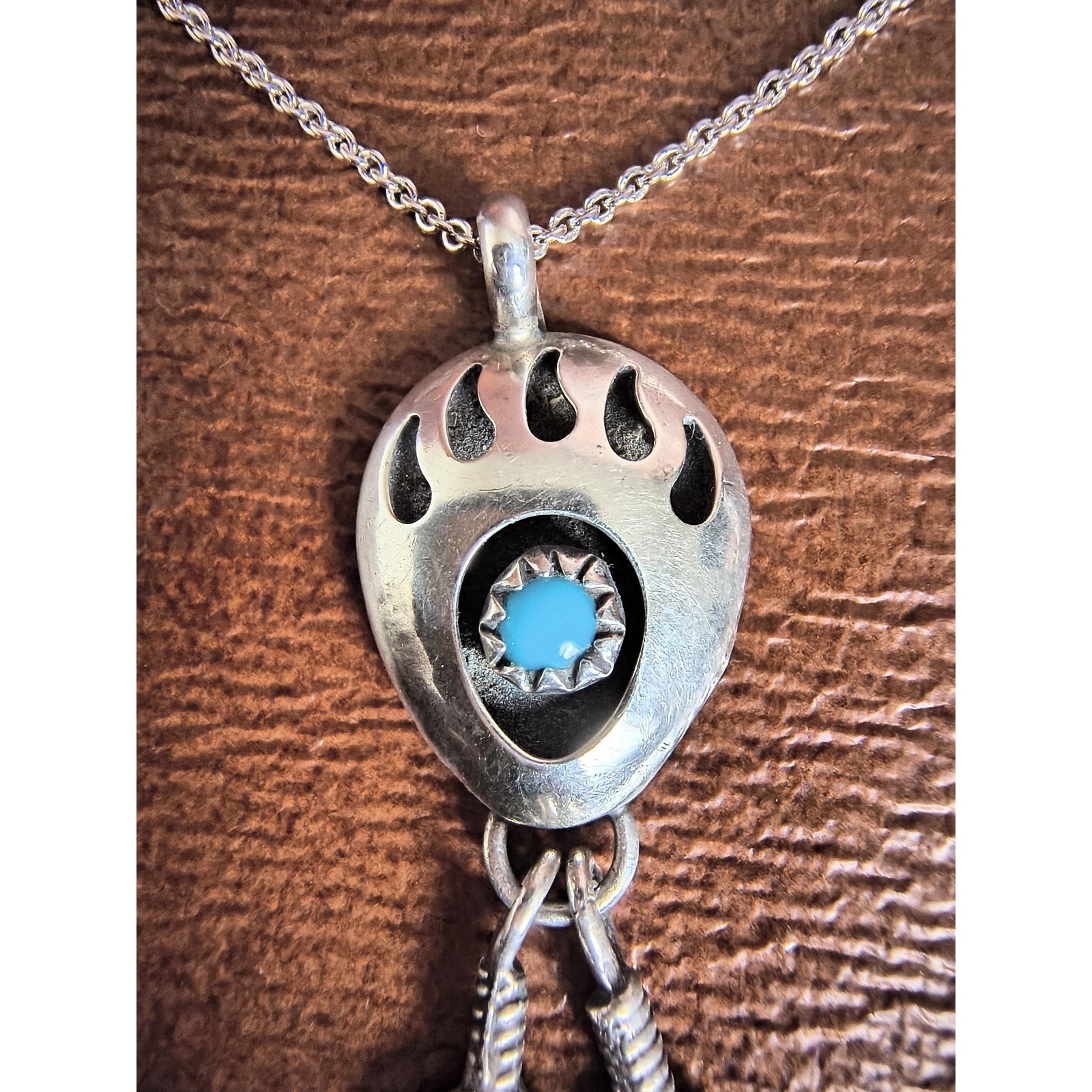 Old Sterling Silver Bear Paw Turquoise Feather Dangle Pendant Necklace 925 Chain