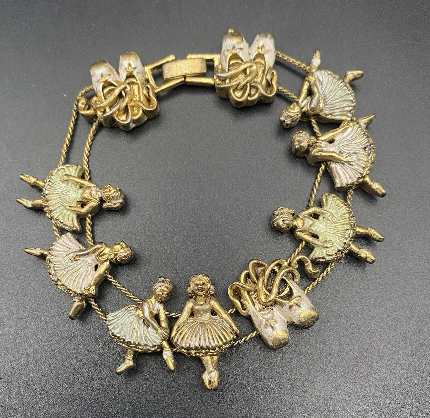 Vtg Ballerina Slide Charm Bracelet Ballet Dance Slippers Silver Wash Gold Tone