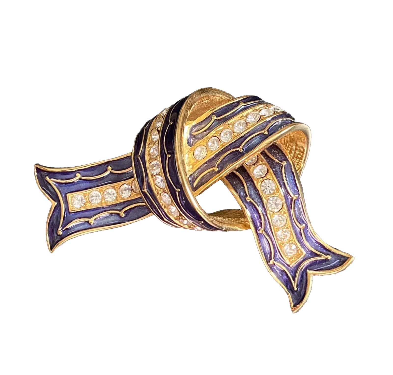 Joan Rivers Ribbon Pin Gold Blue Crystal Brooch