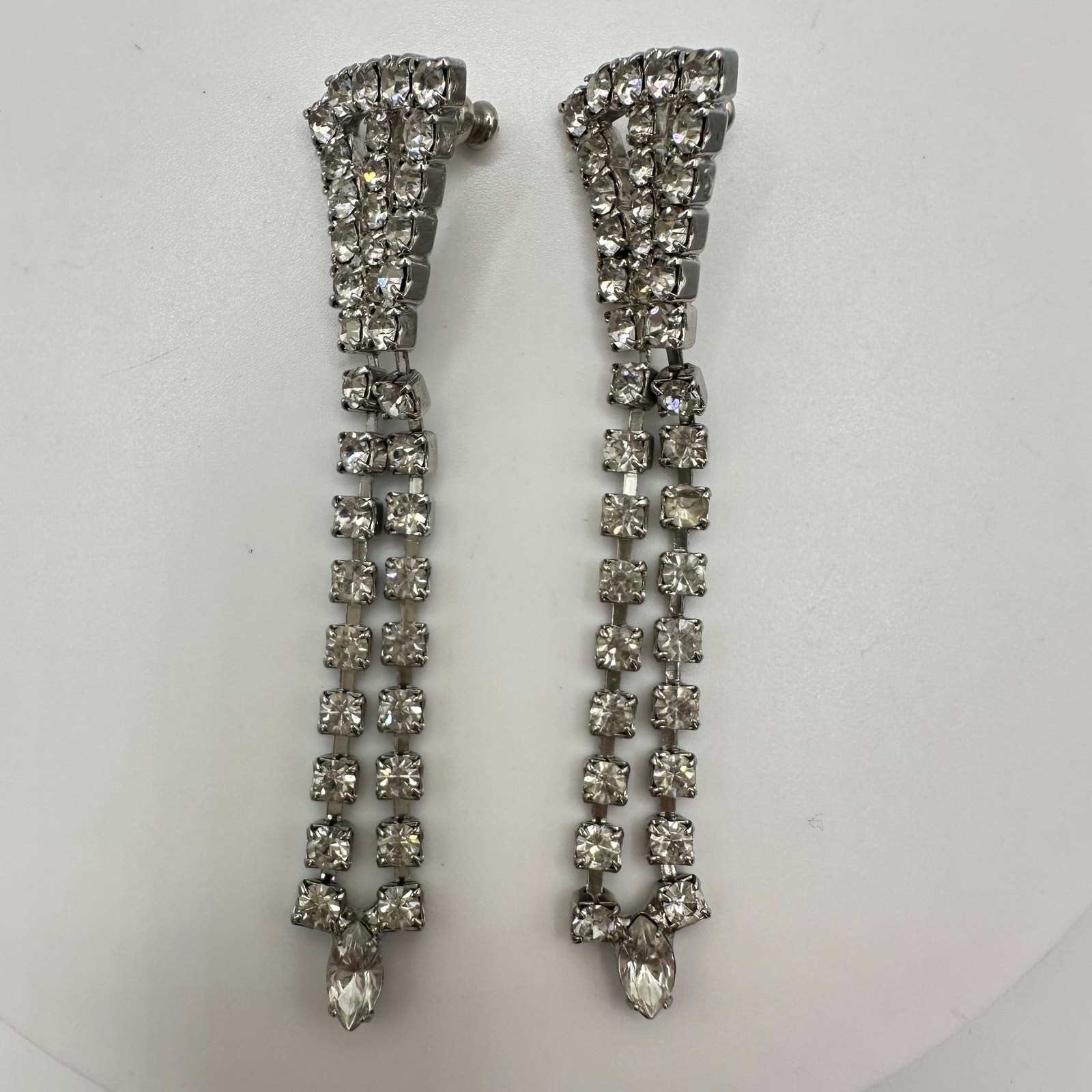 1950s 1960s vintage silver tone clear rhinestones fringe drop post earrings
