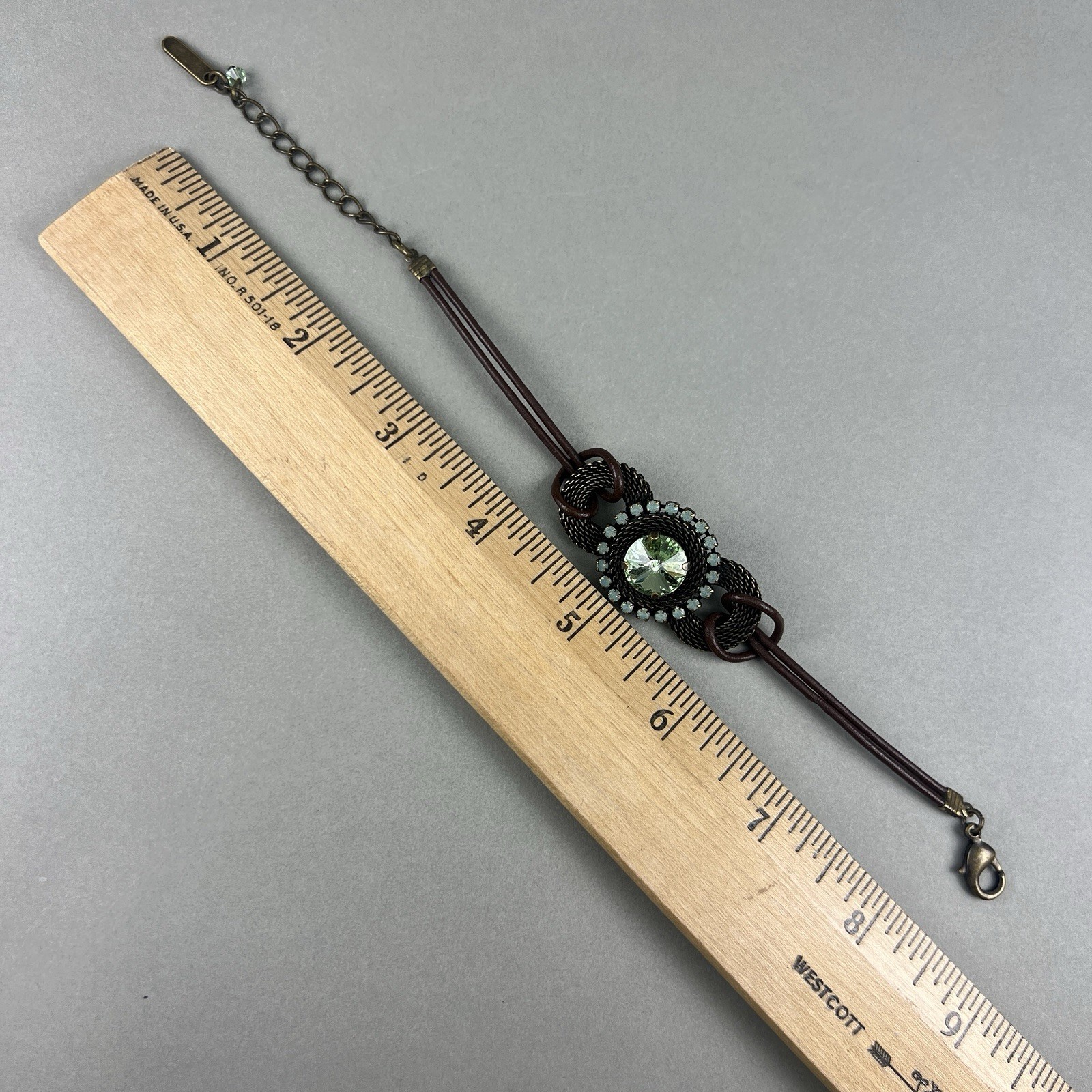 Vintage Van Galz Bracelet Leather Green Rivoli Rhinestone q3z