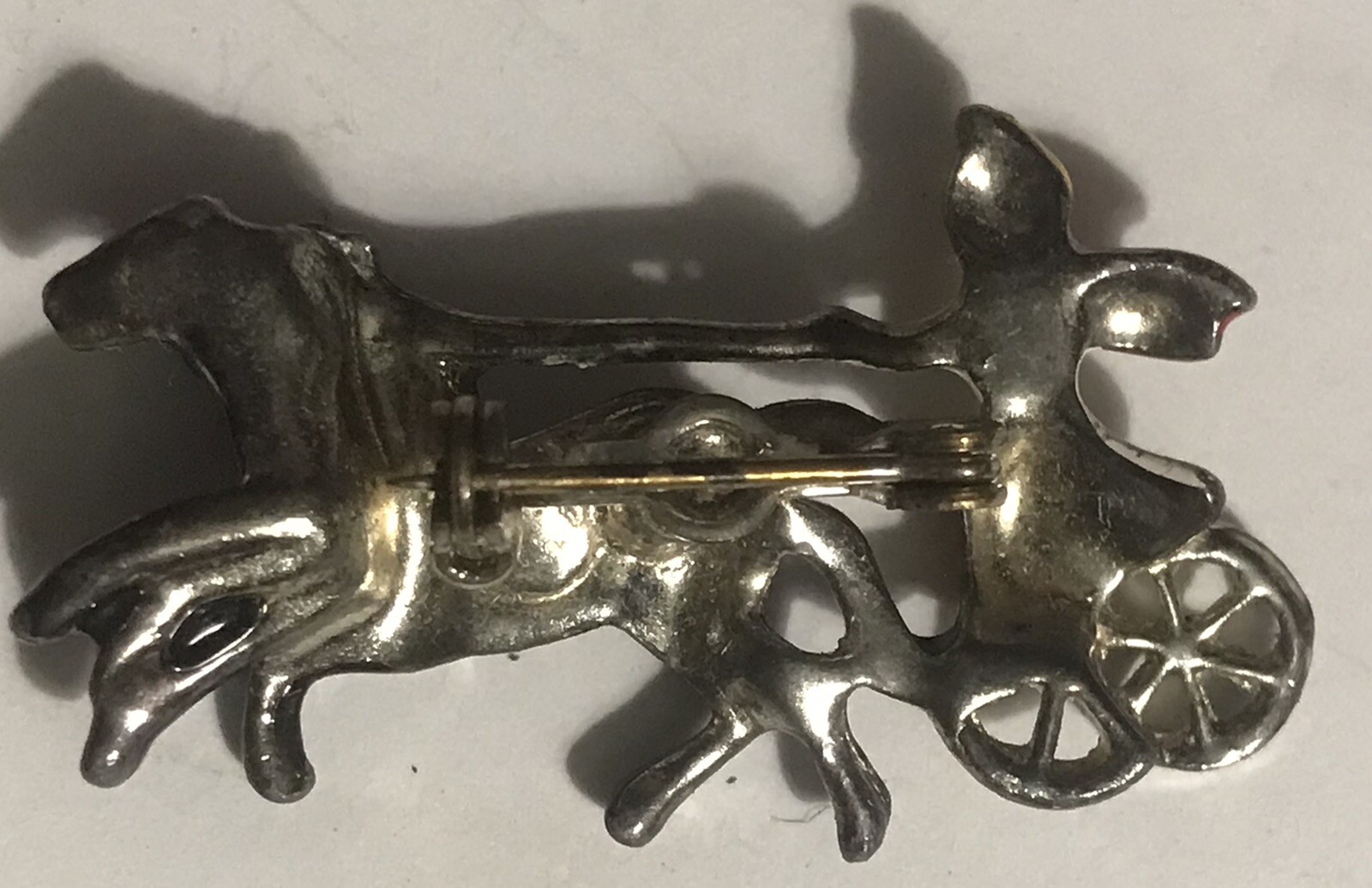 Small Vintage Enamel Pin Chariot Race Black Horses Moor Rider Pewter Unisex
