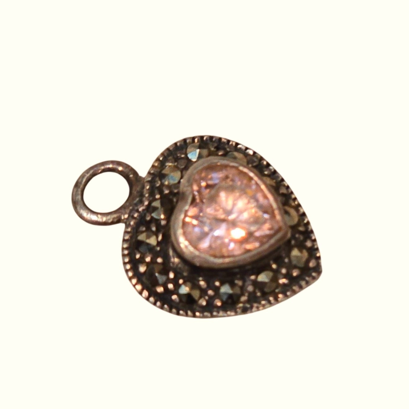 Vintage marcasite Heart Sterling Silver Pendant pink glass Gemstone 925 Jewelry