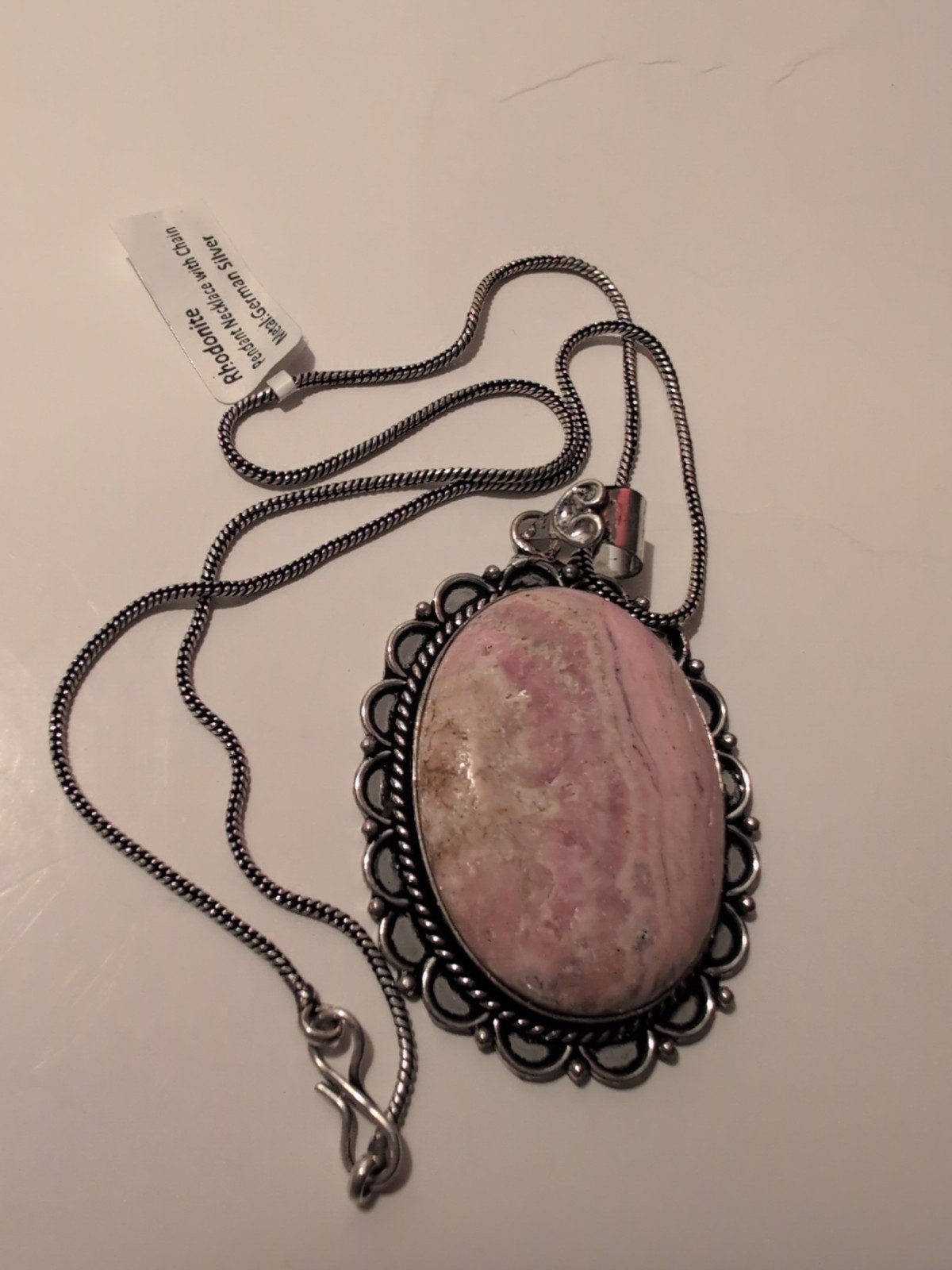 Vintage 2″ Rhodanite Pendant 18″ German Silver Necklace