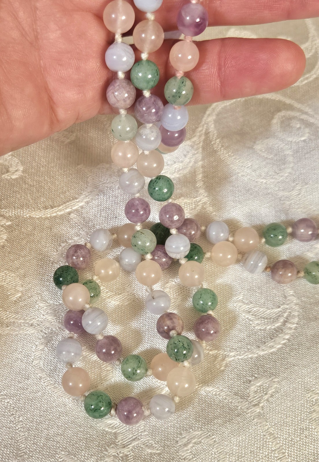 Vtg Multi Color Pastel Round Beaded Necklace Bracelet Set Jade Agate Quartz