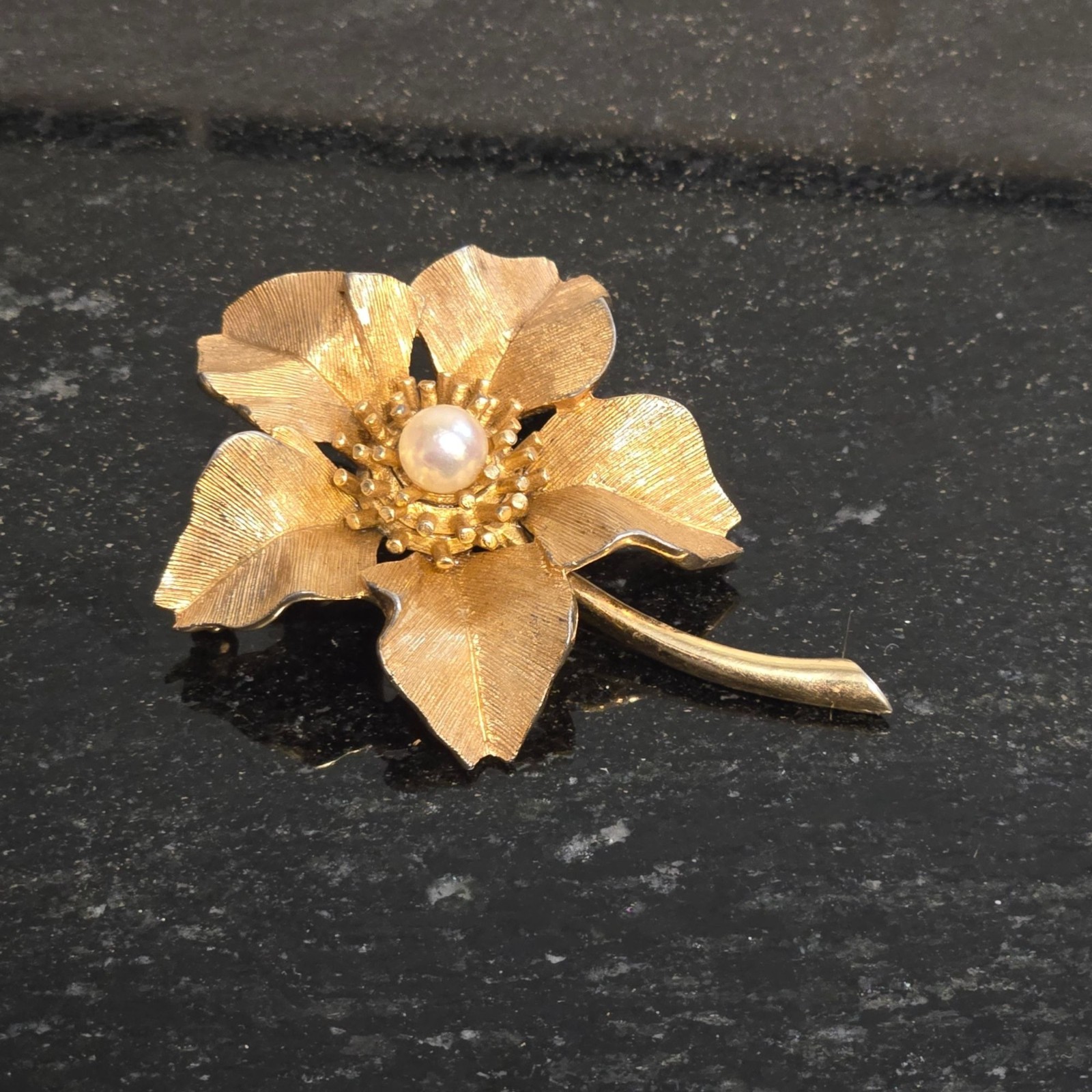 Vintage MARCEL BOUCHER Brooch with Pearl Gold Tone Flower 1960s Jewelry signed