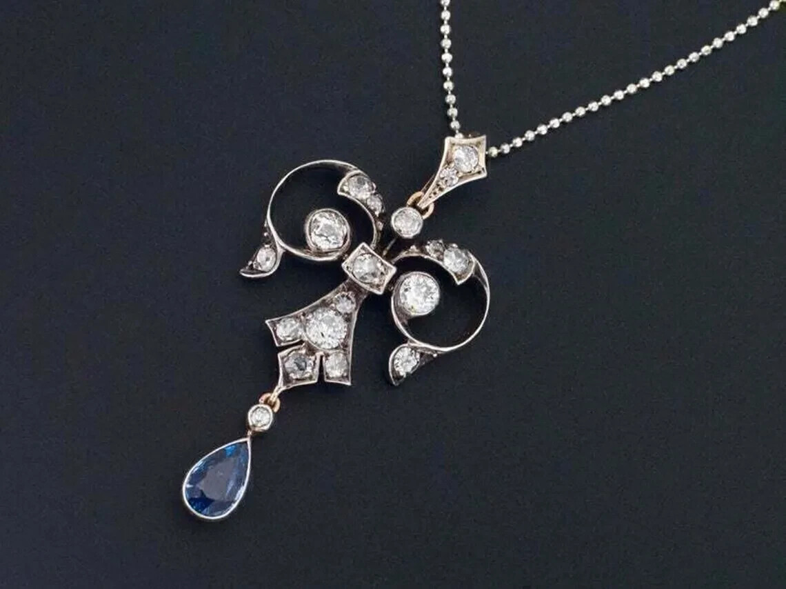 Art Deco Style Sapphire Lab Created Diamond Wedding 14k White Gold FN Pendant