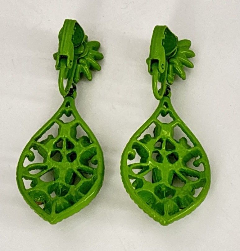 Vintage Uranium Lime Green Rhinestone Dangle Teardrop Enamel Earrings 2″ Long