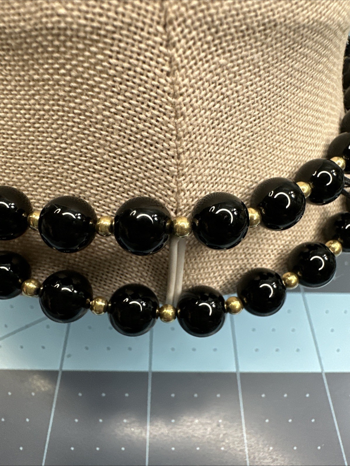 VINTAGE 1990’S 14K GOLD FILLED 8.4MM BLACK ONYX BEADS 26” NECKLACE Pullover J103
