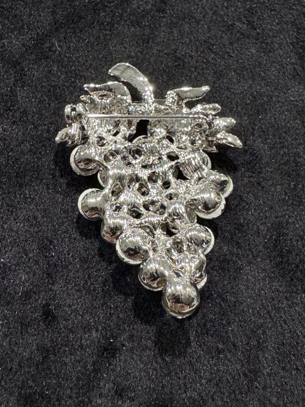 Unique Vintage Clear Rhinestones Bunch of Grapes With Leaves Pin Brooch