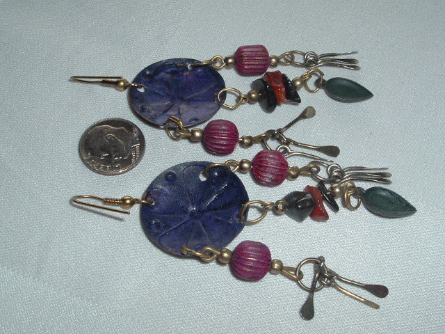 VINTAGE METAL & AGATE BEAD PIERCED DANGLE EARRINGS