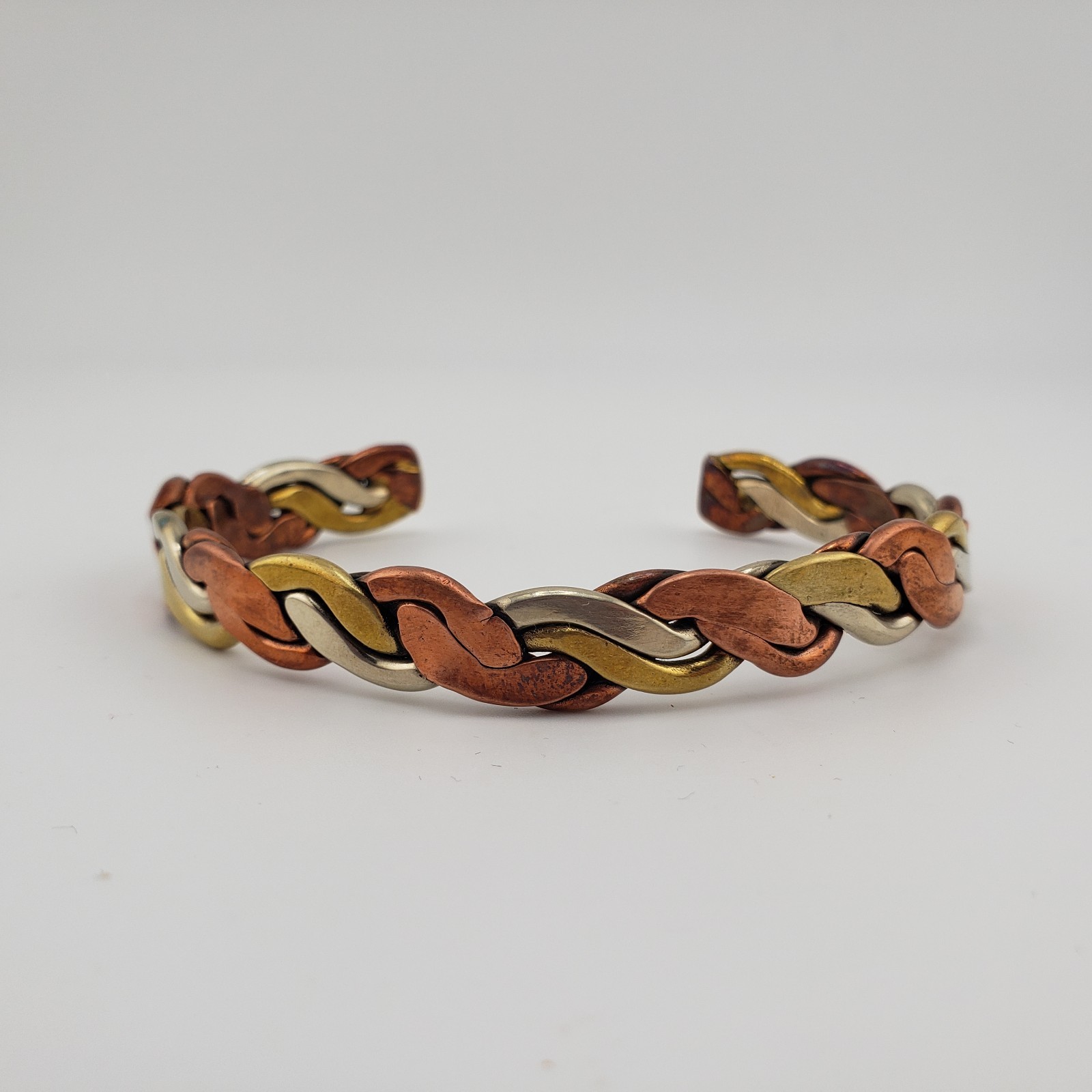 Vintage Tri Color Mens Cuff Bracelet Copper Brass Silver Tone Twist Braid