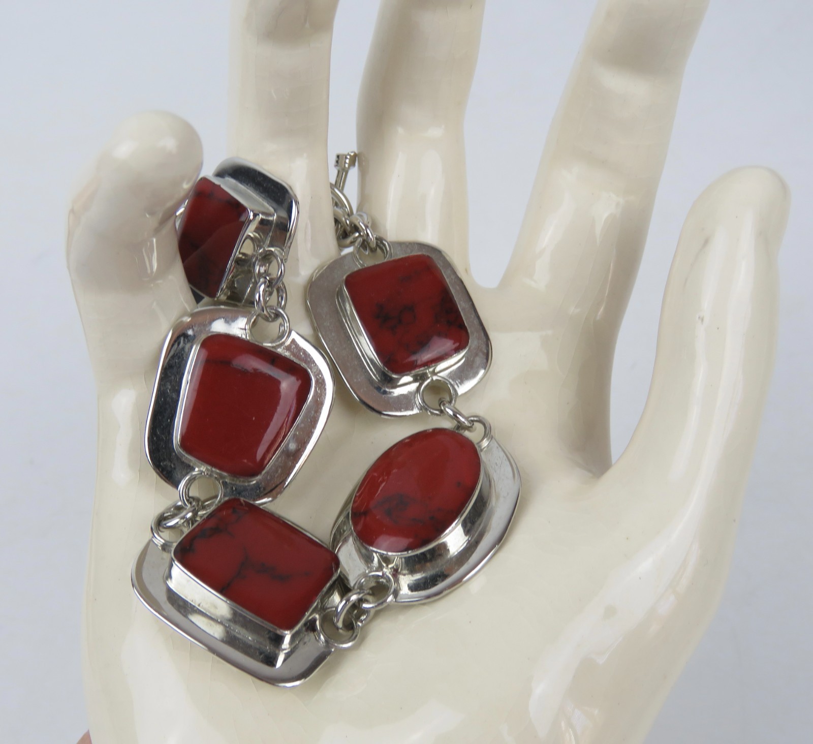 ATI MEXICO 925 Sterling Silver Jasper Stone Link Bracelet Toggle Closure
