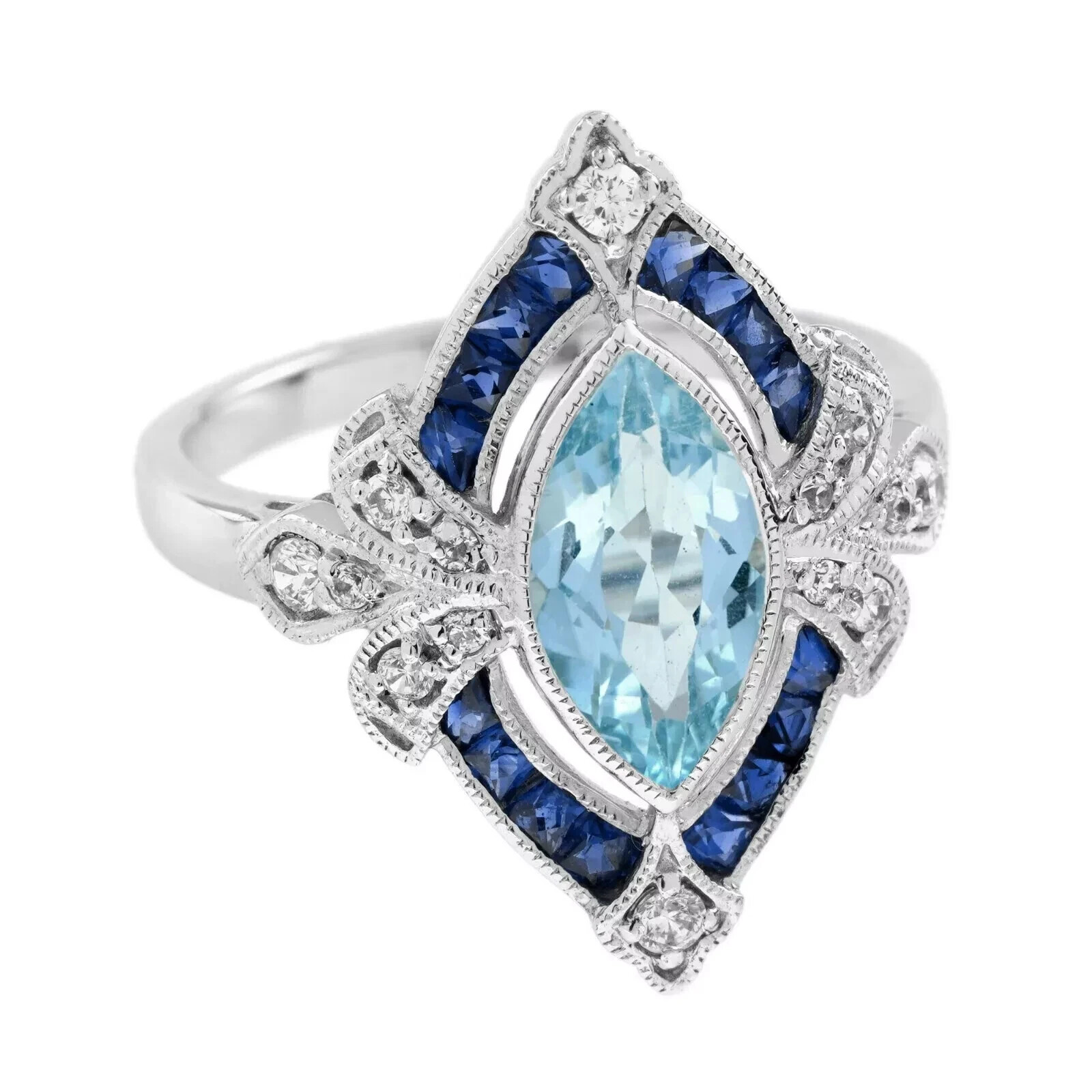 Art Deco Vintage Style 2.7Ct Aquamarine Lab Created Diamond Wedding Silver Ring