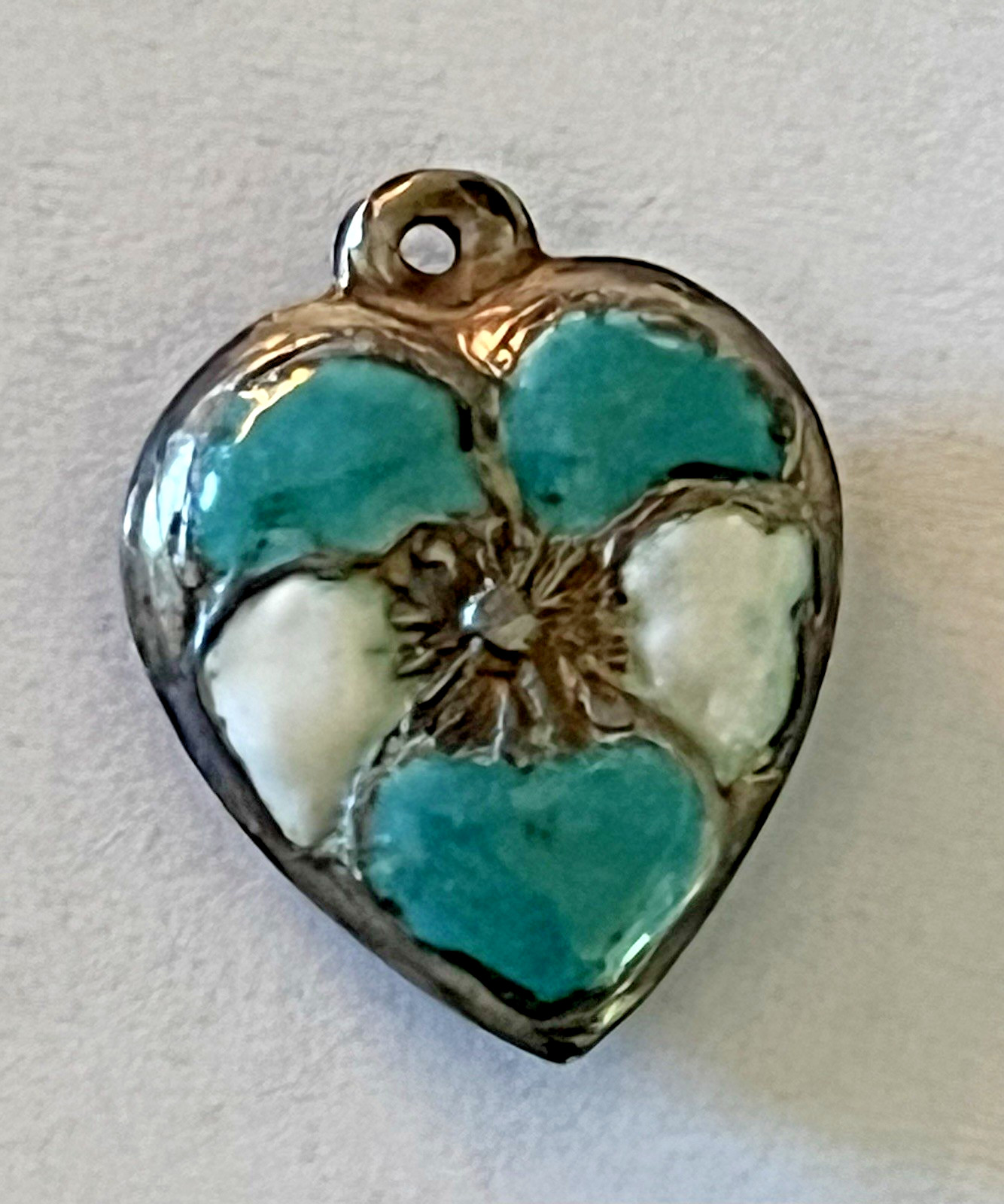 Sterling Silver Heart Flower Charm Puffy Enamel Pansy Stamped 925 Vintage Blue
