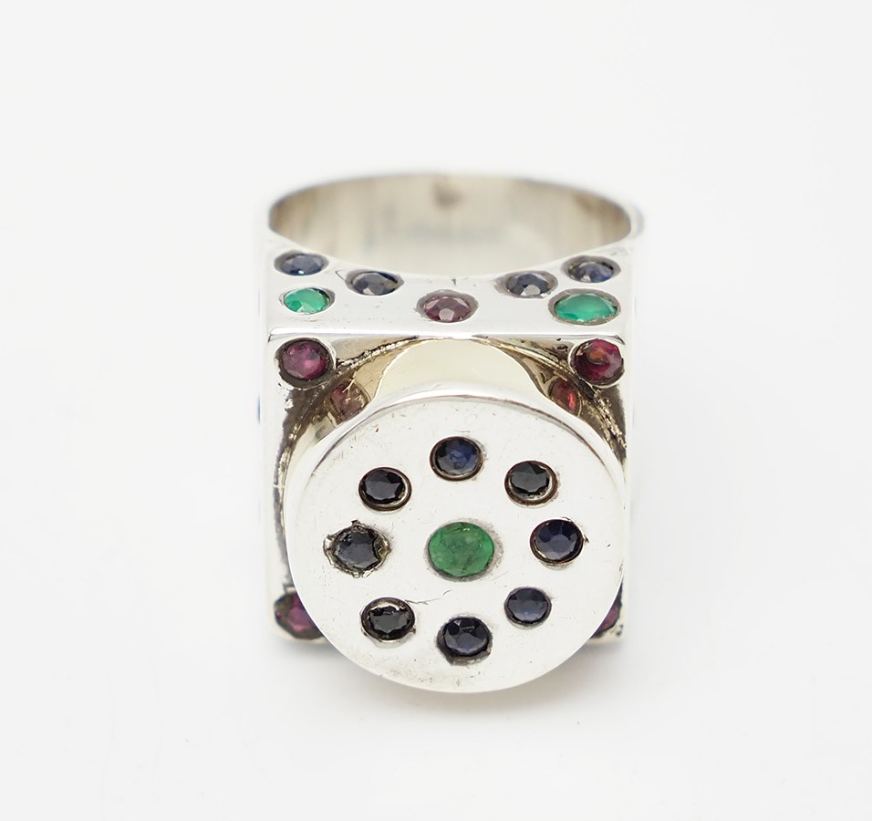 Unusual handmade sterling silver gold vermeil ruby sapphire emerald ring sz 6