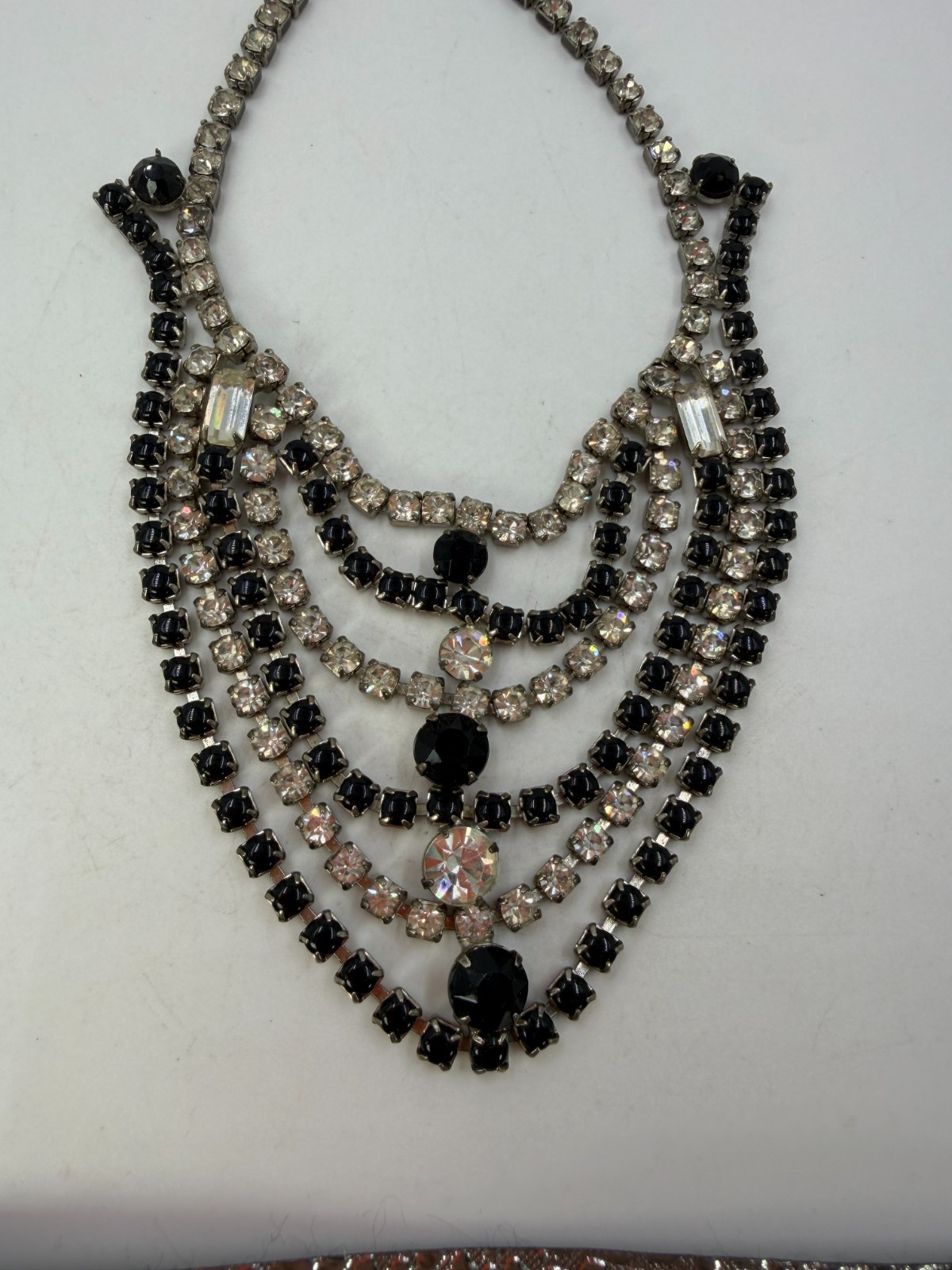 Vintage Necklace Rhinestone Black Swag Festoon MCM Era PJ 16 inches