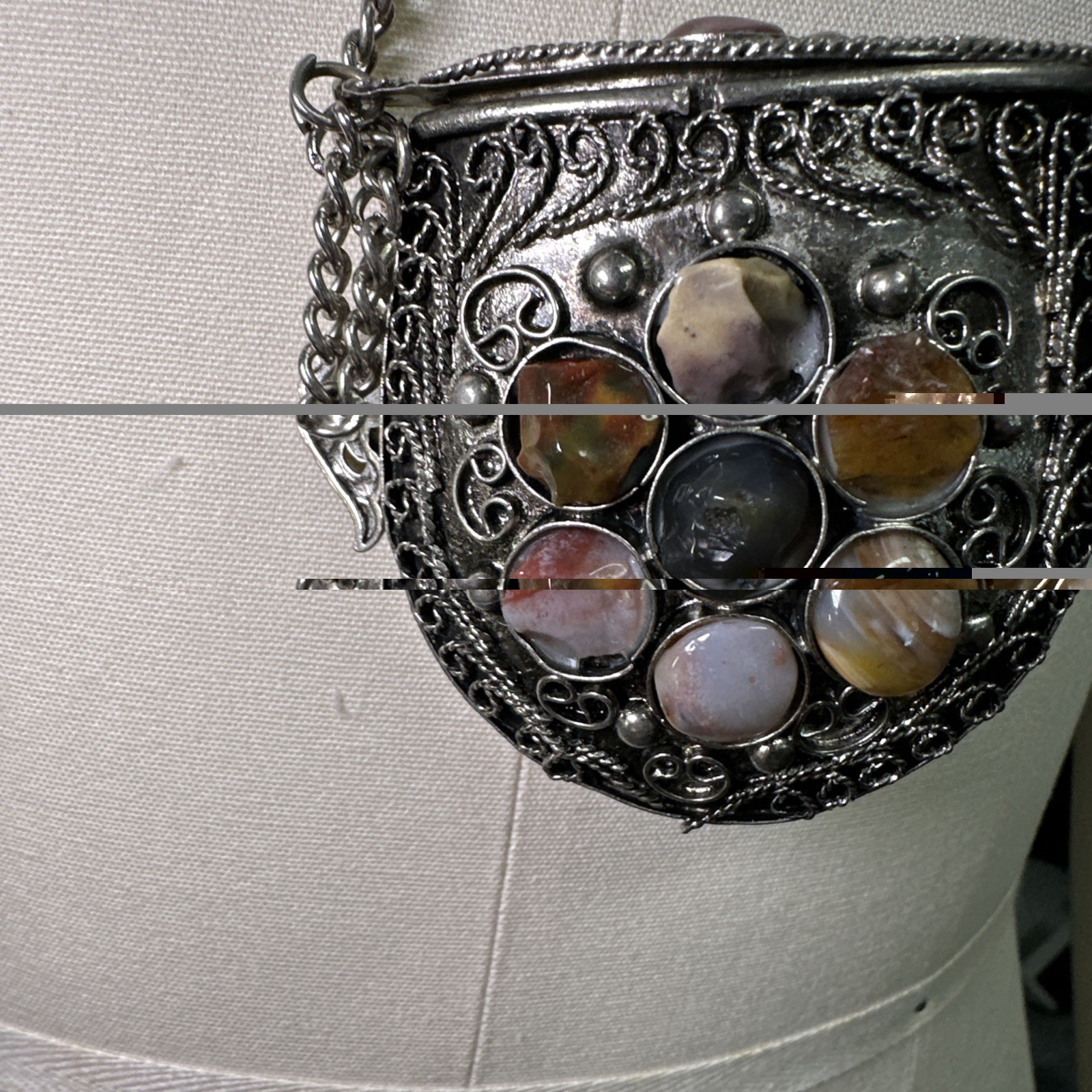 Vintage Small Silver-tone Sajai Metal Purse Necklace Agate Gemstones Tether Lid